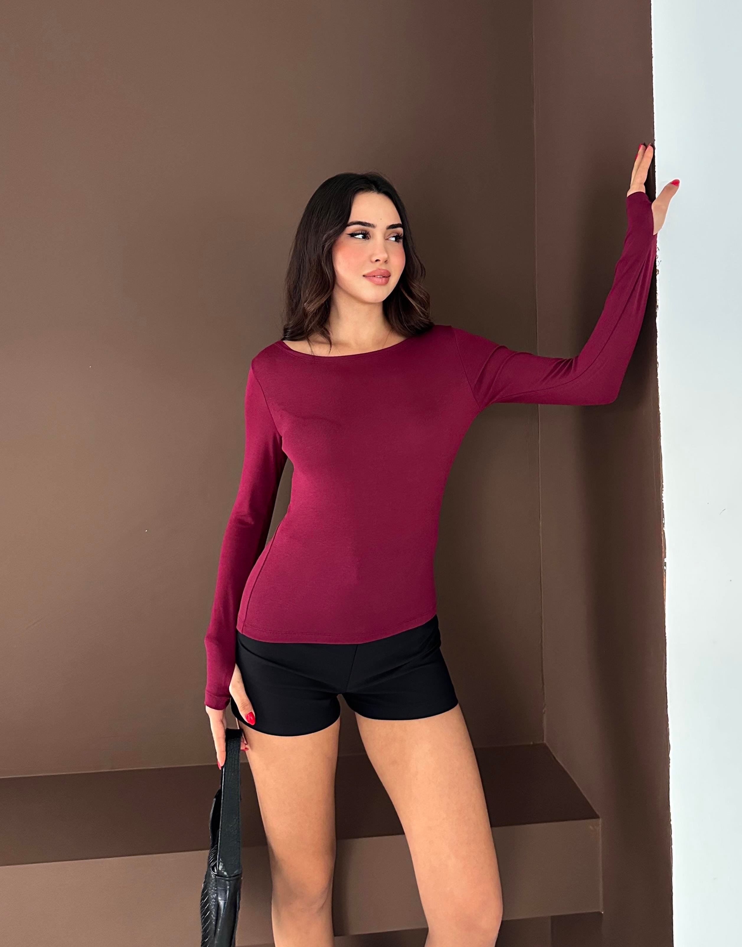 Kadın Kayık Yaka Parmak Geçmeli Uzun Kollu Full Likralı Pamuk Viskon Buzzy Body Tişort