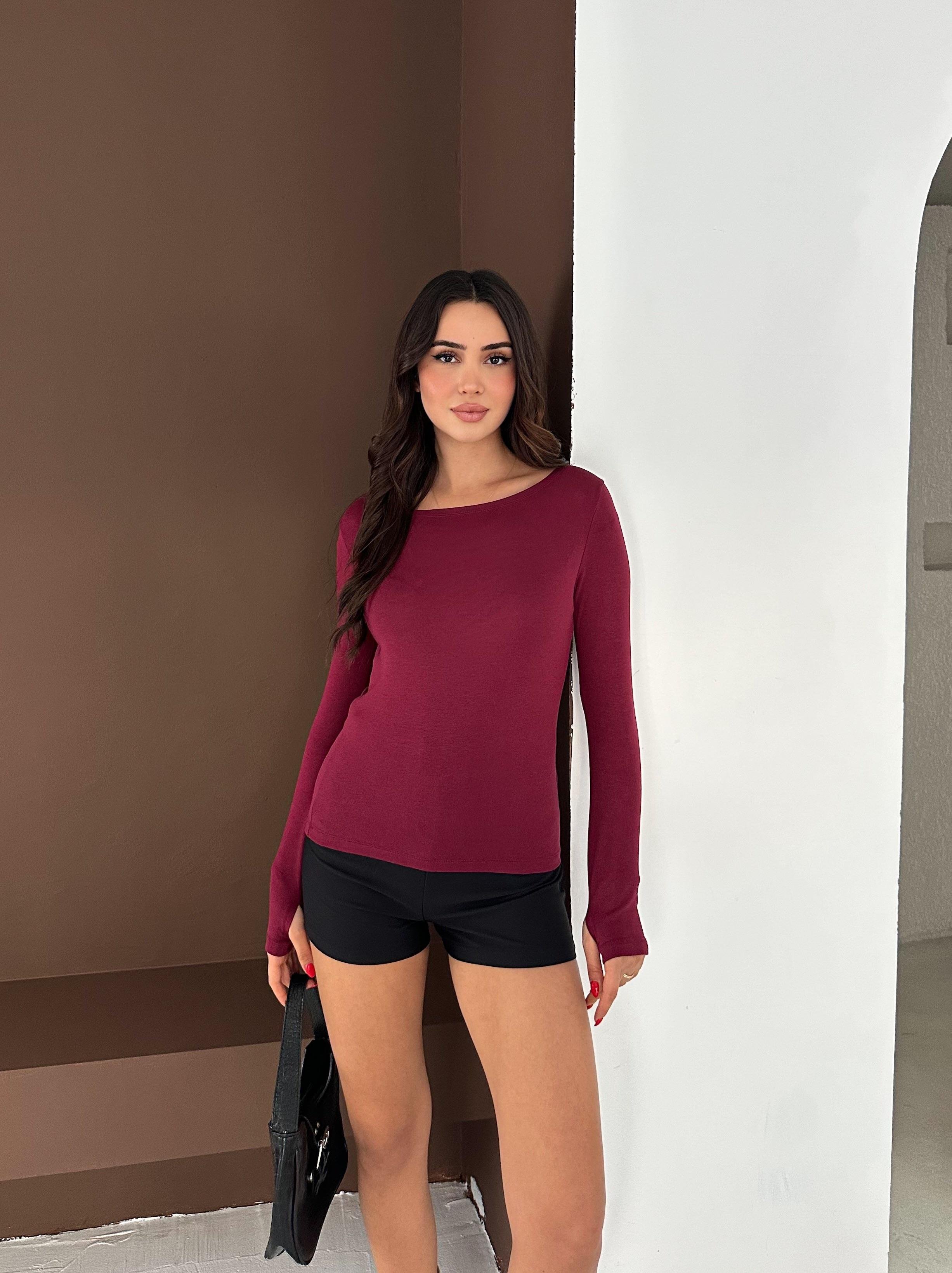 Kadın Kayık Yaka Parmak Geçmeli Uzun Kollu Full Likralı Pamuk Viskon Buzzy Body Tişort