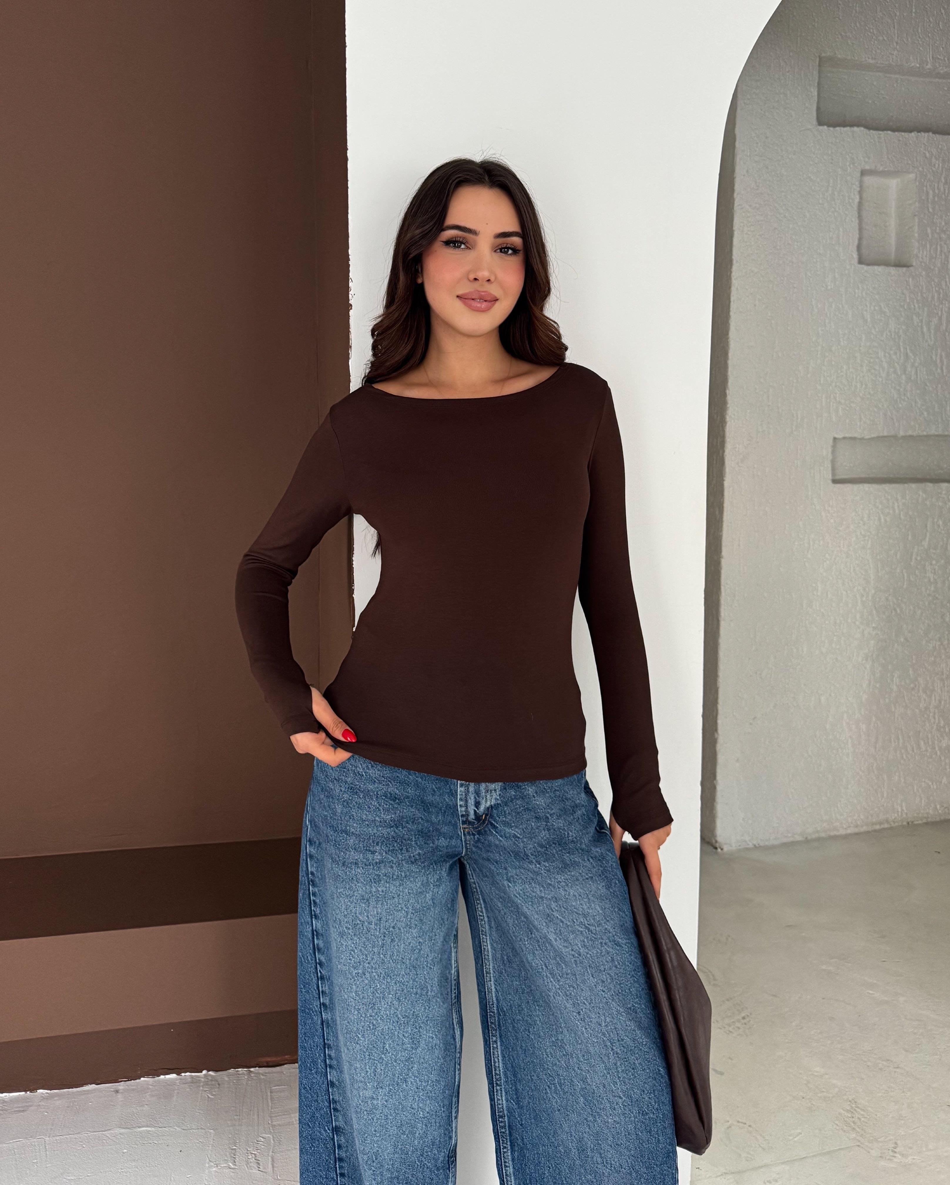 Kadın Kayık Yaka Parmak Geçmeli Uzun Kollu Full Likralı Pamuk Viskon Buzzy Body Tişort