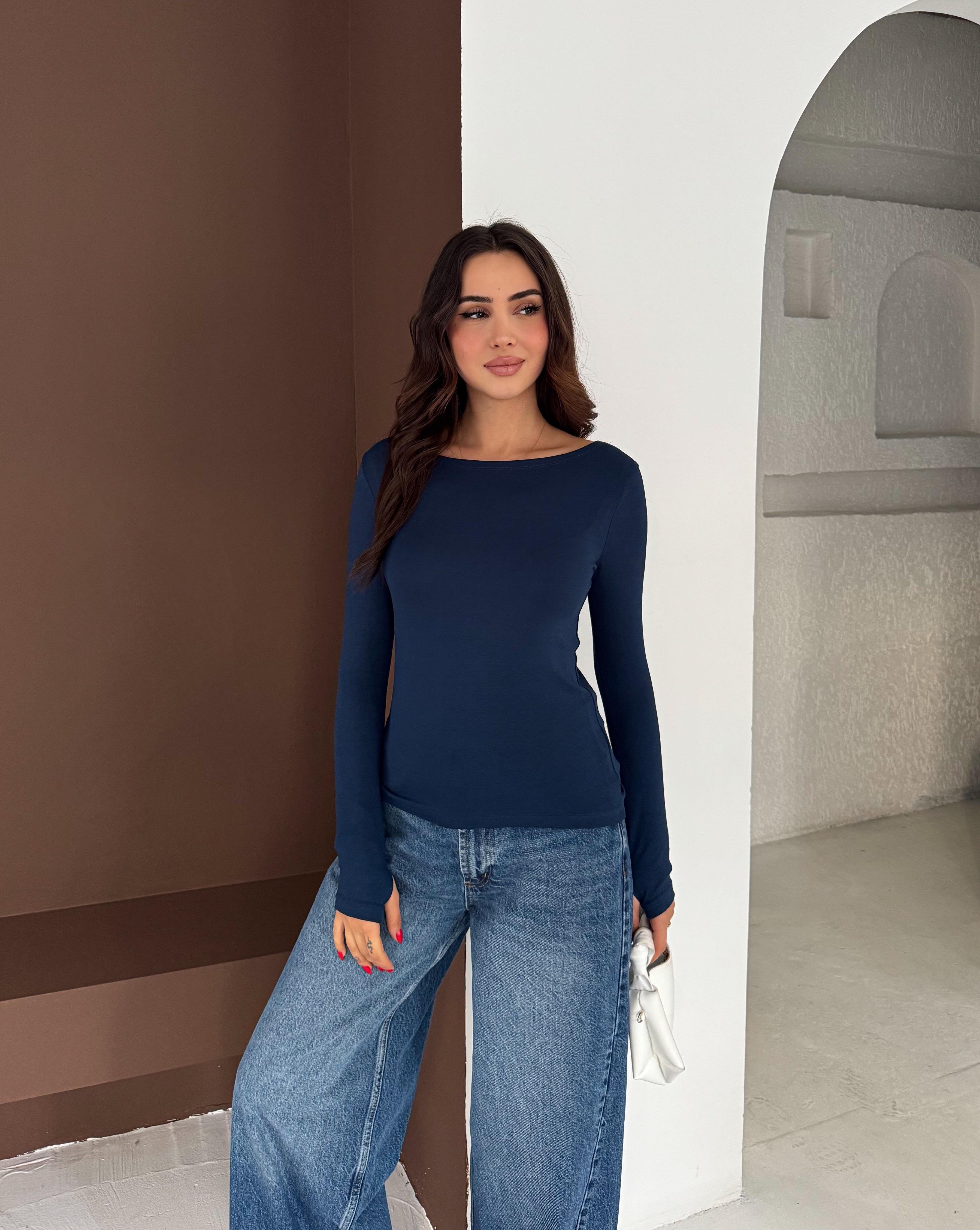 Kadın Kayık Yaka Parmak Geçmeli Uzun Kollu Full Likralı Pamuk Viskon Buzzy Body Tişort