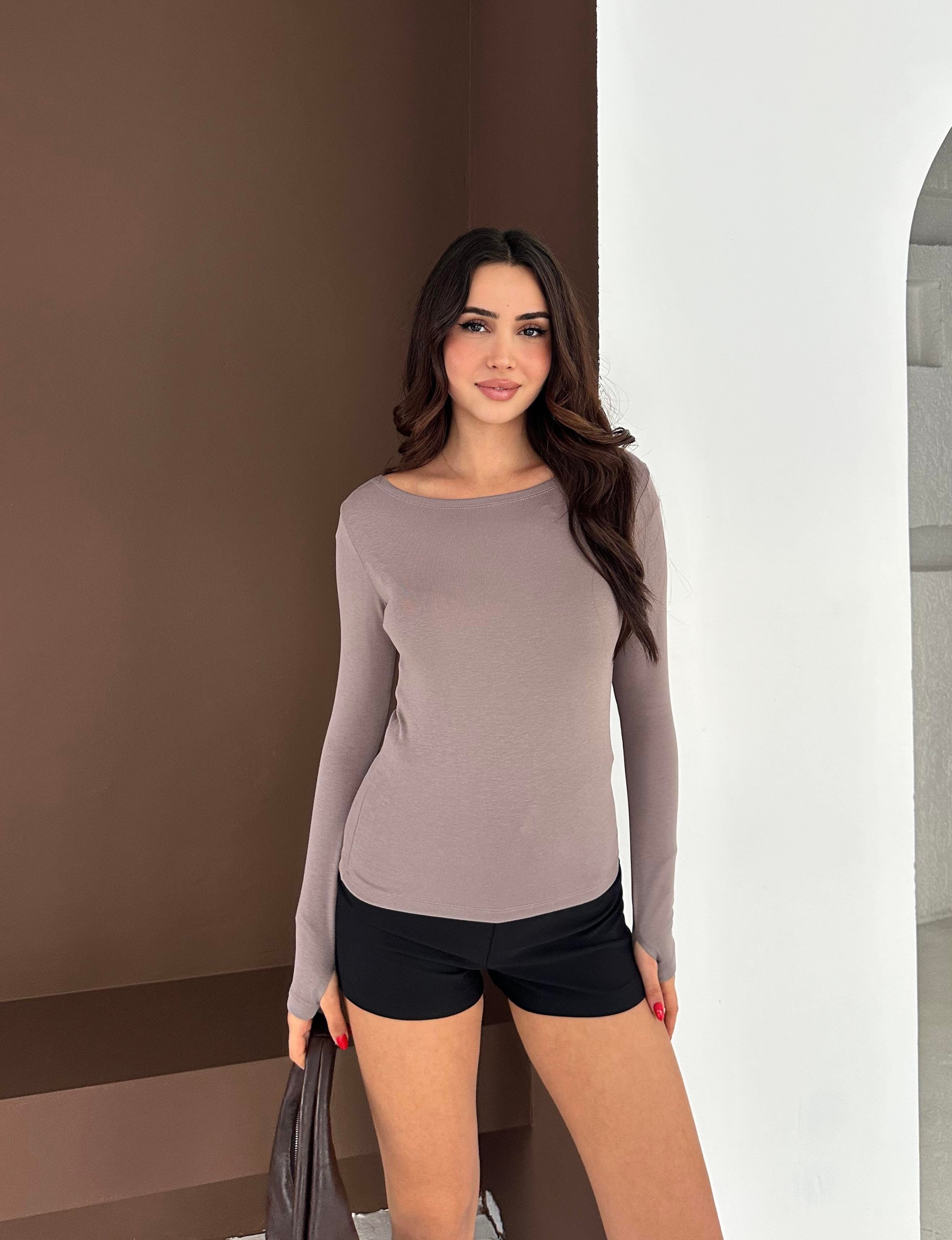 Kadın Kayık Yaka Parmak Geçmeli Uzun Kollu Full Likralı Pamuk Viskon Buzzy Body Tişort