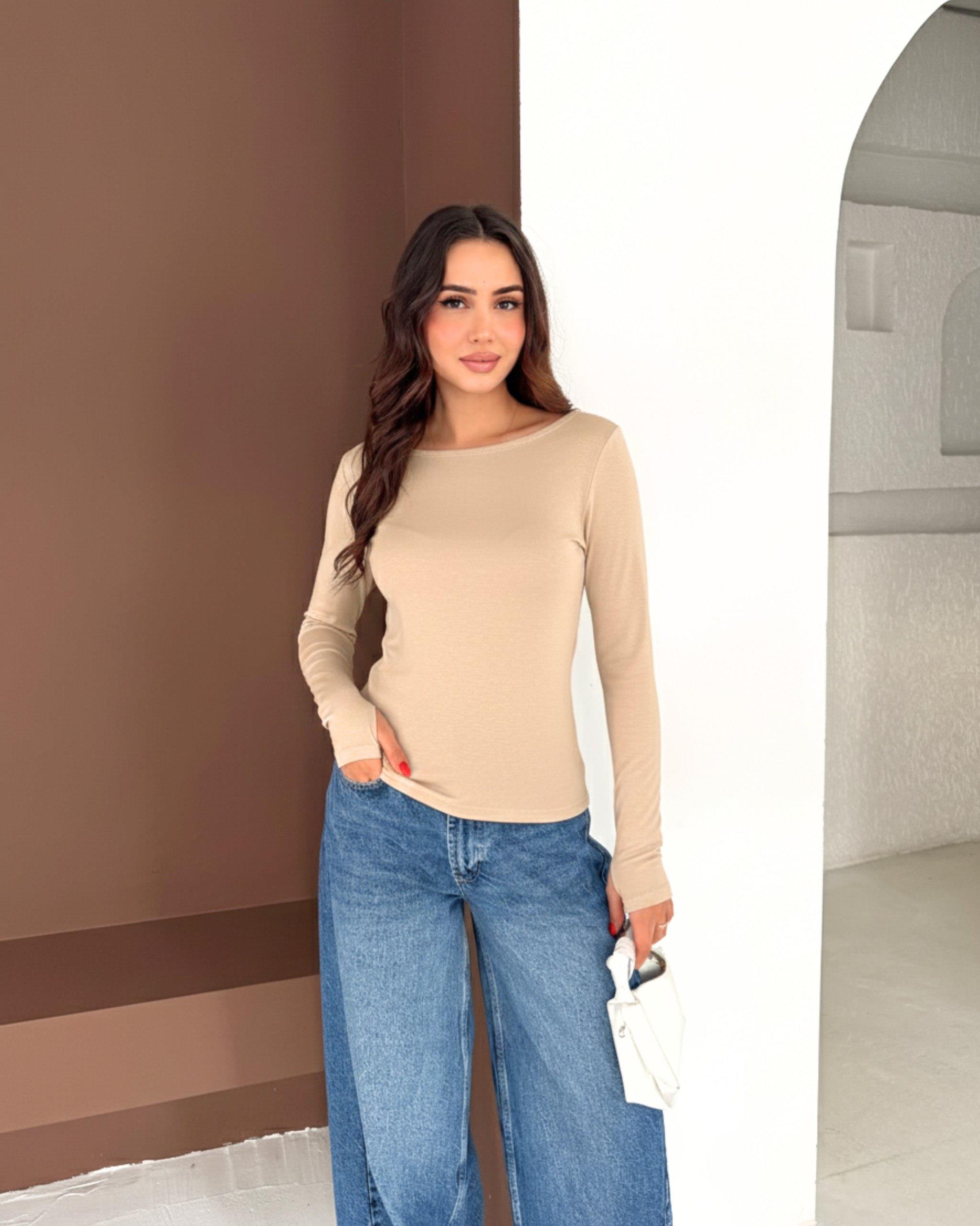 Kadın Kayık Yaka Parmak Geçmeli Uzun Kollu Full Likralı Pamuk Viskon Buzzy Body Tişort
