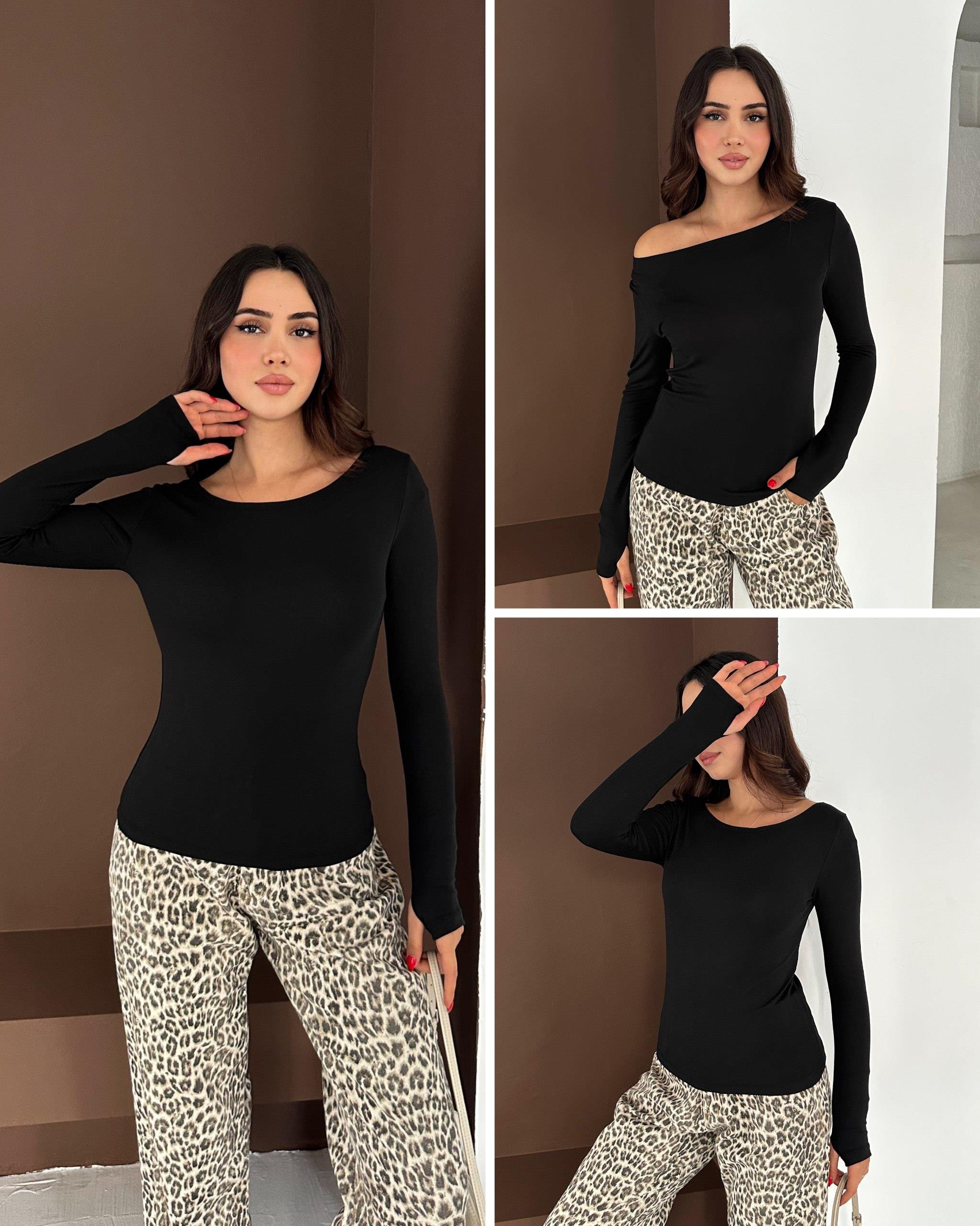 Kadın Kayık Yaka Parmak Geçmeli Uzun Kollu Full Likralı Pamuk Viskon Buzzy Body Tişort
