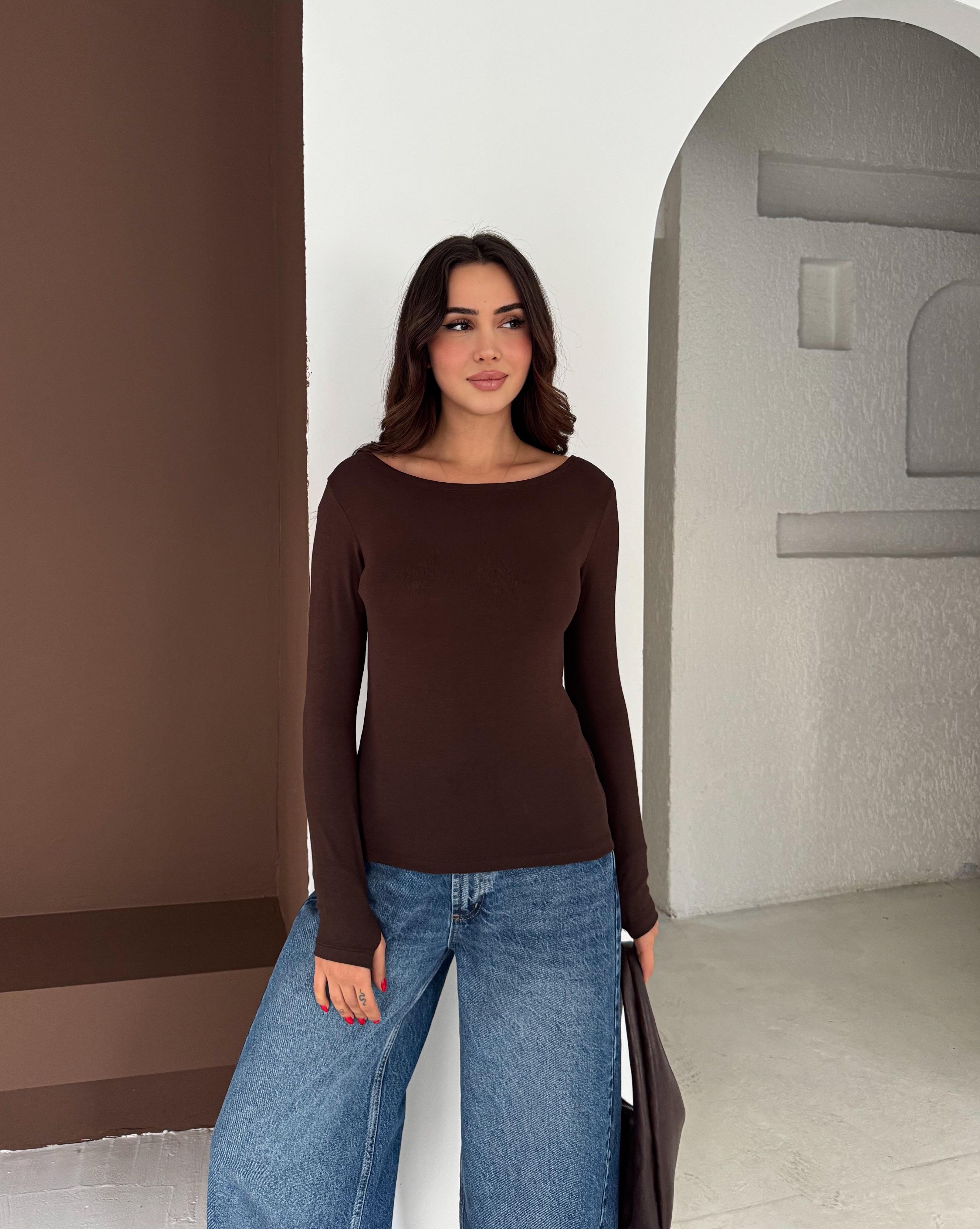 Kadın Kayık Yaka Parmak Geçmeli Uzun Kollu Full Likralı Pamuk Viskon Buzzy Body Tişort