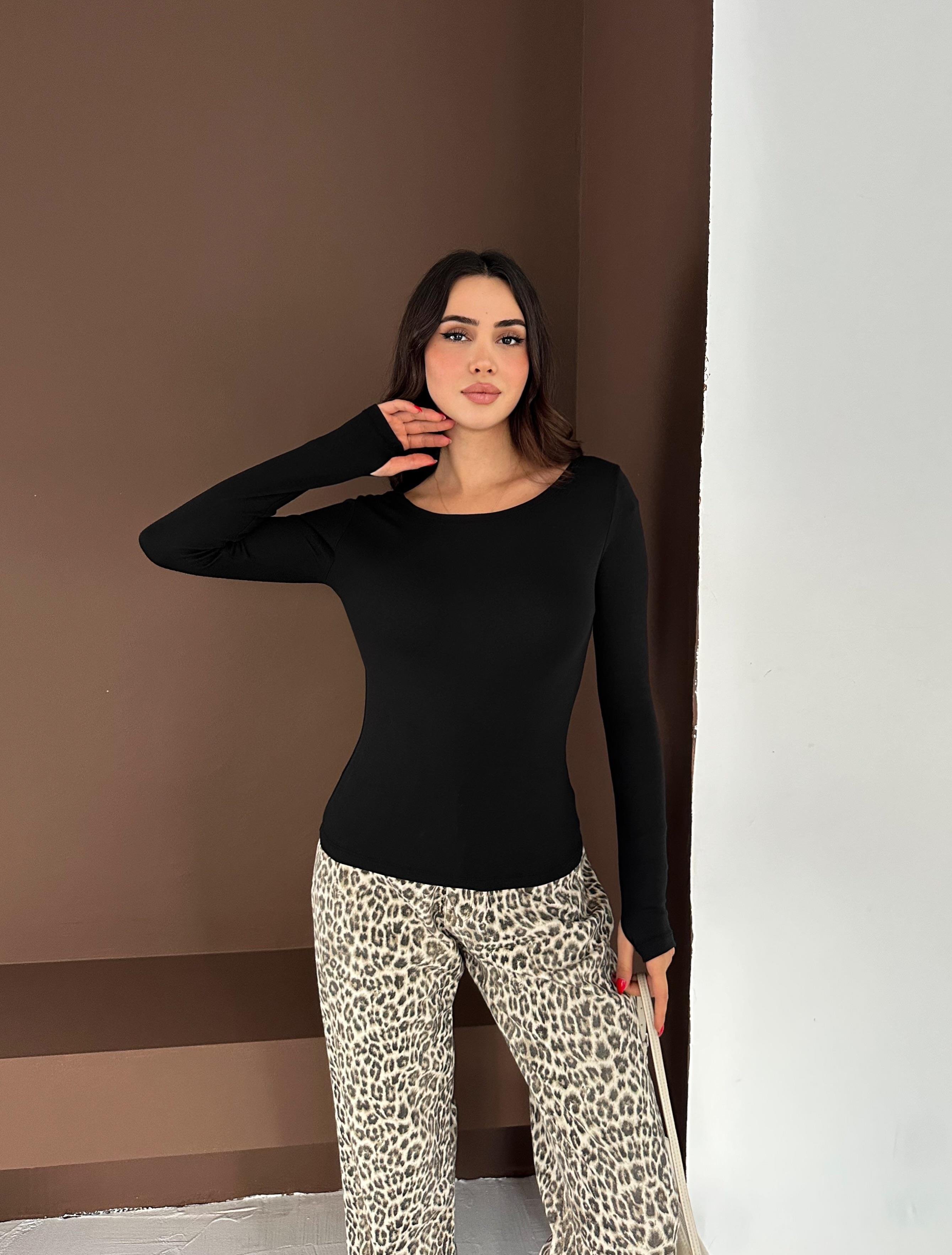 Kadın Kayık Yaka Parmak Geçmeli Uzun Kollu Full Likralı Pamuk Viskon Buzzy Body Tişort