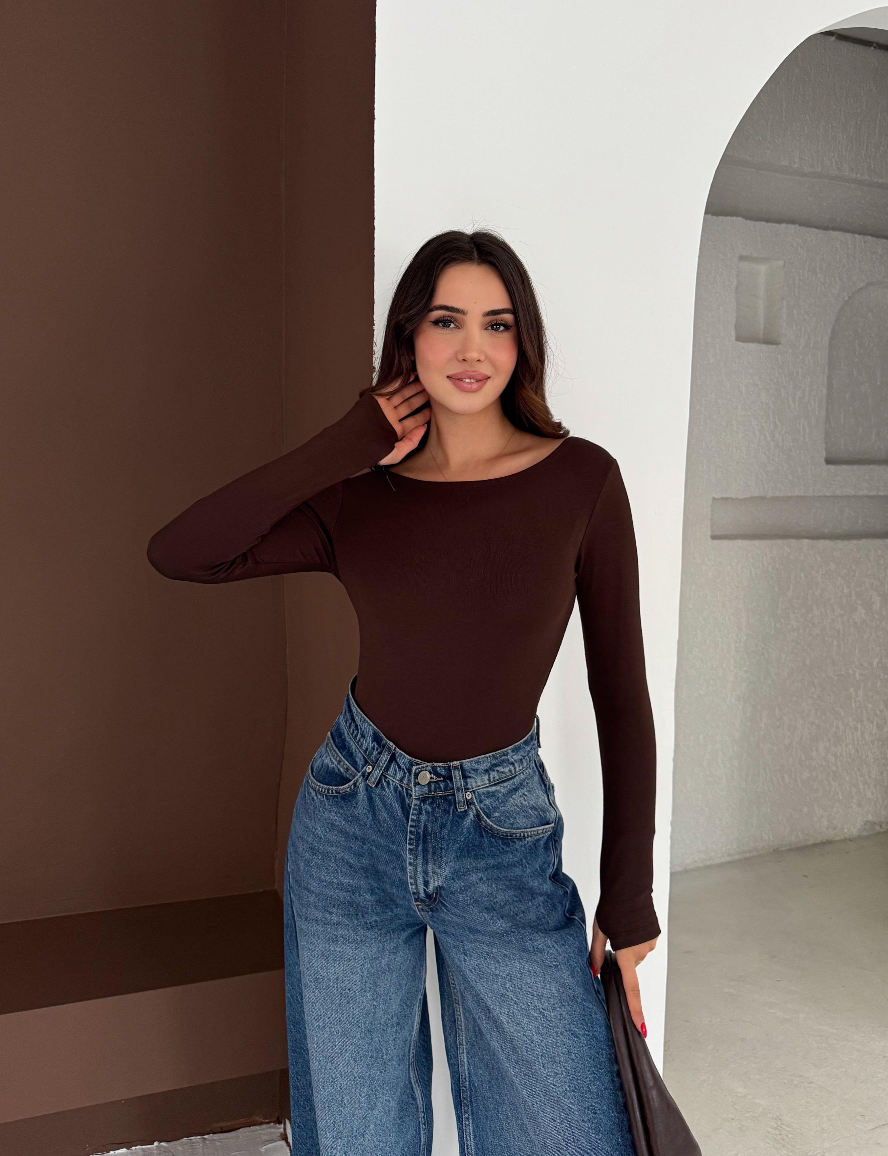 Kadın Kayık Yaka Parmak Geçmeli Uzun Kollu Full Likralı Pamuk Viskon Buzzy Body Tişort