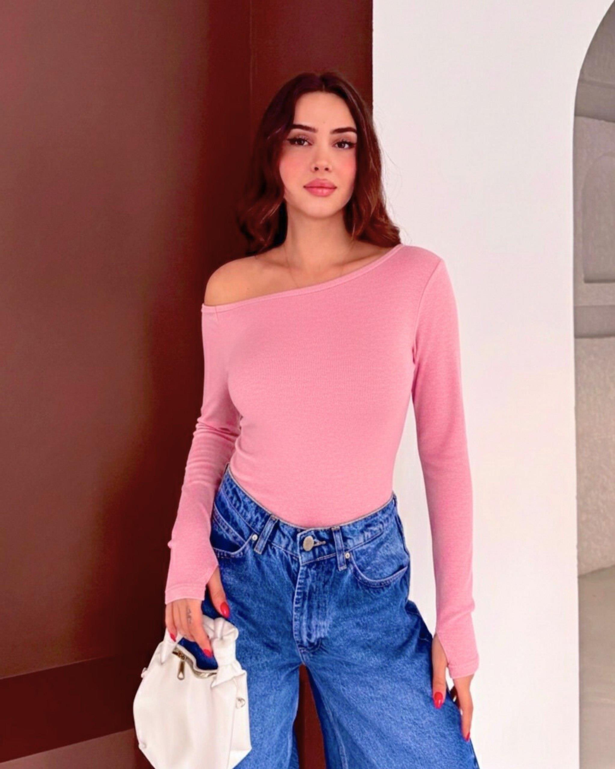 Kadın Kayık Yaka Parmak Geçmeli Uzun Kollu Full Likralı Pamuk Viskon Buzzy Body Tişort