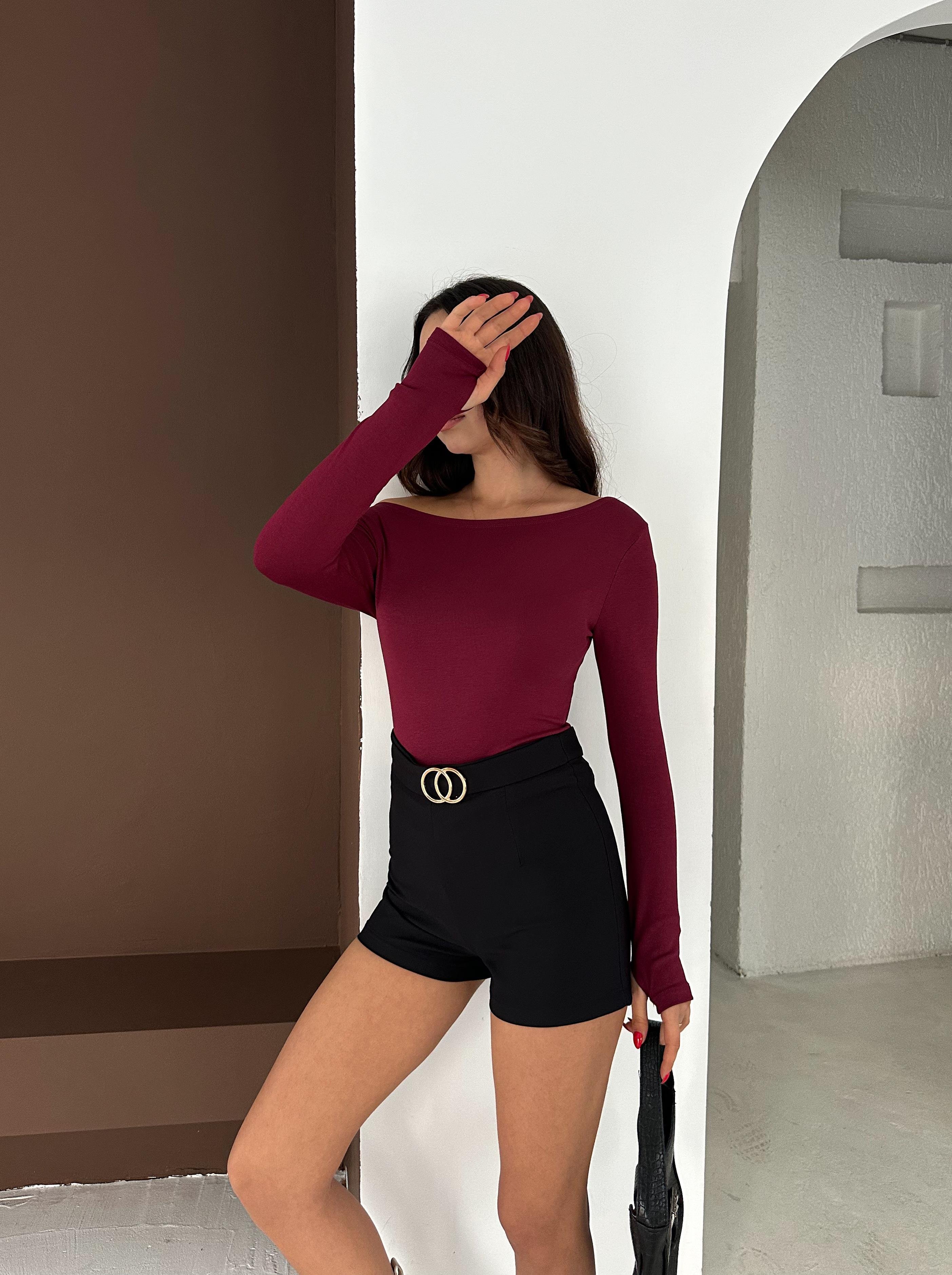Kadın Kayık Yaka Parmak Geçmeli Uzun Kollu Full Likralı Pamuk Viskon Buzzy Body Tişort
