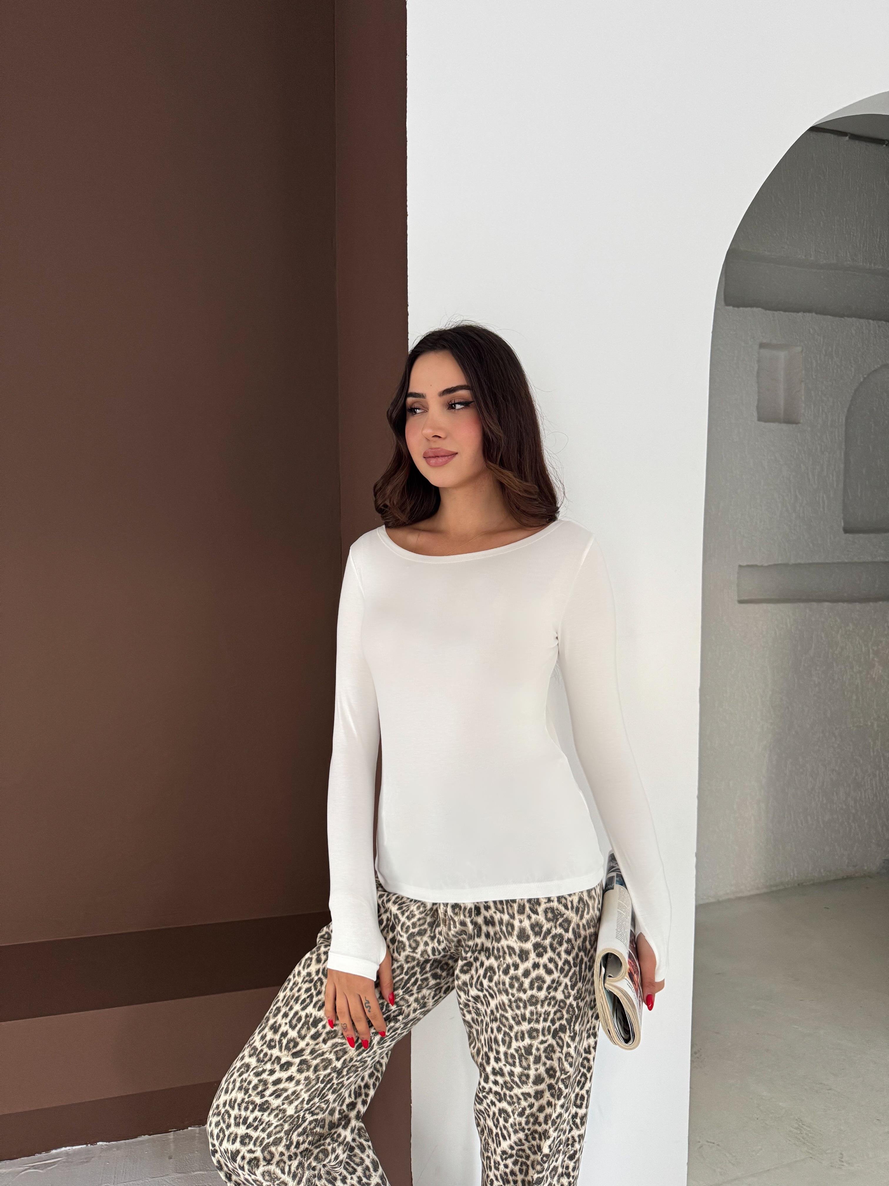 Kadın Kayık Yaka Parmak Geçmeli Uzun Kollu Full Likralı Pamuk Viskon Buzzy Body Tişort