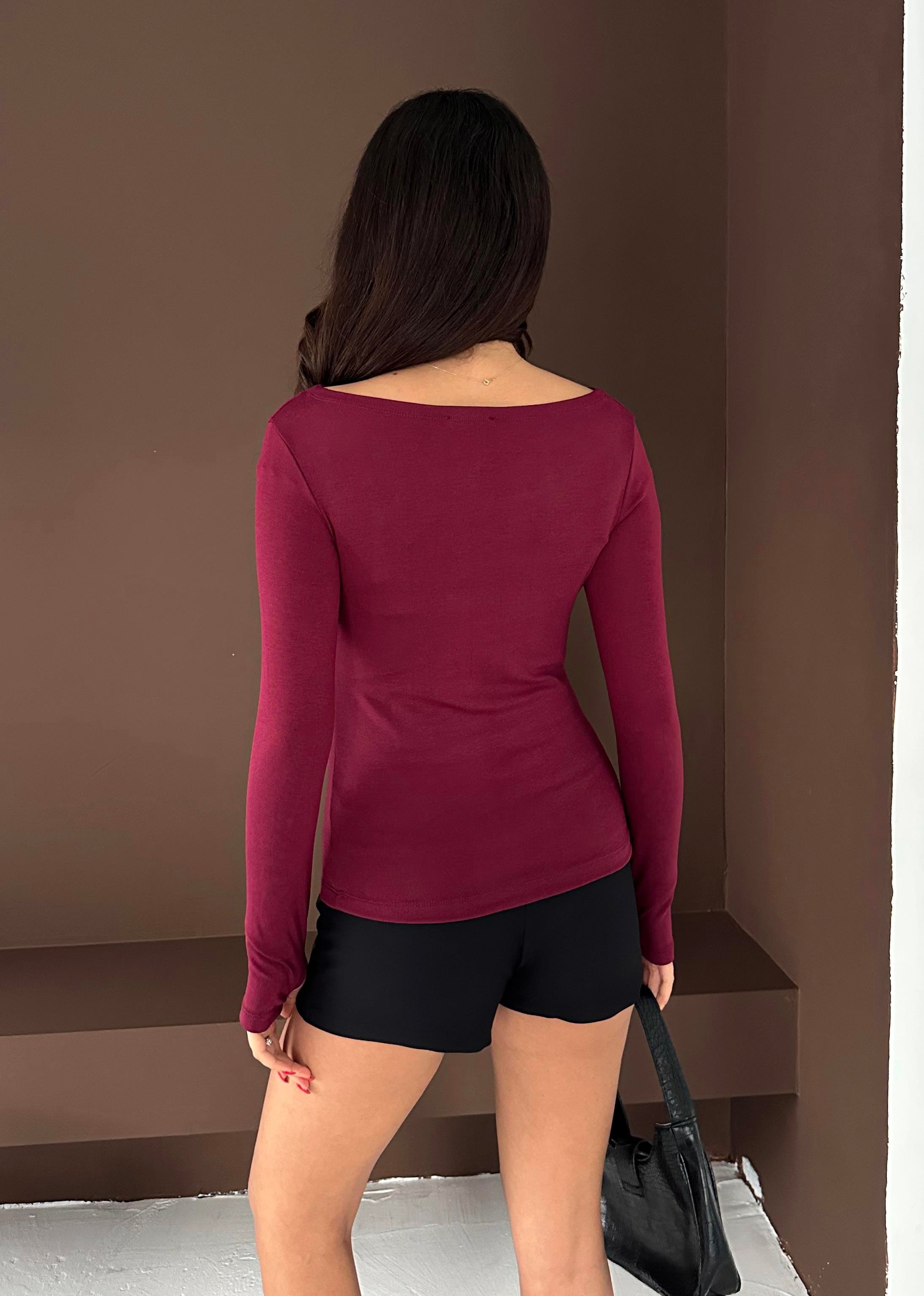 Kadın Kayık Yaka Parmak Geçmeli Uzun Kollu Full Likralı Pamuk Viskon Buzzy Body Tişort