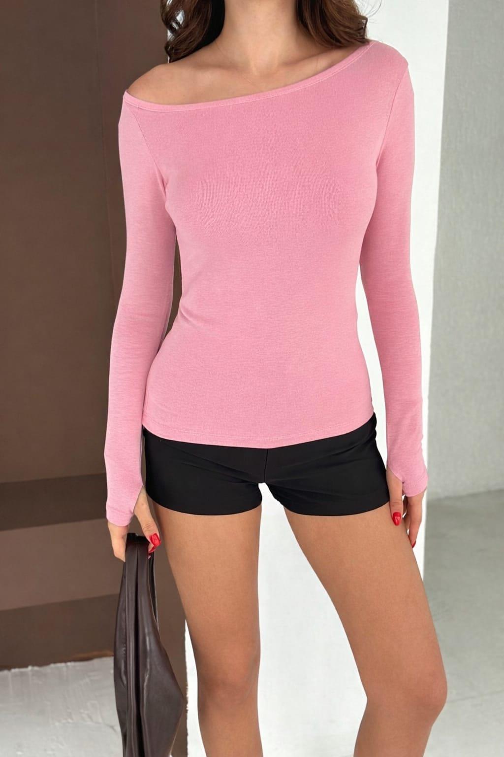 Kadın Kayık Yaka Parmak Geçmeli Uzun Kollu Full Likralı Pamuk Viskon Buzzy Body Tişort