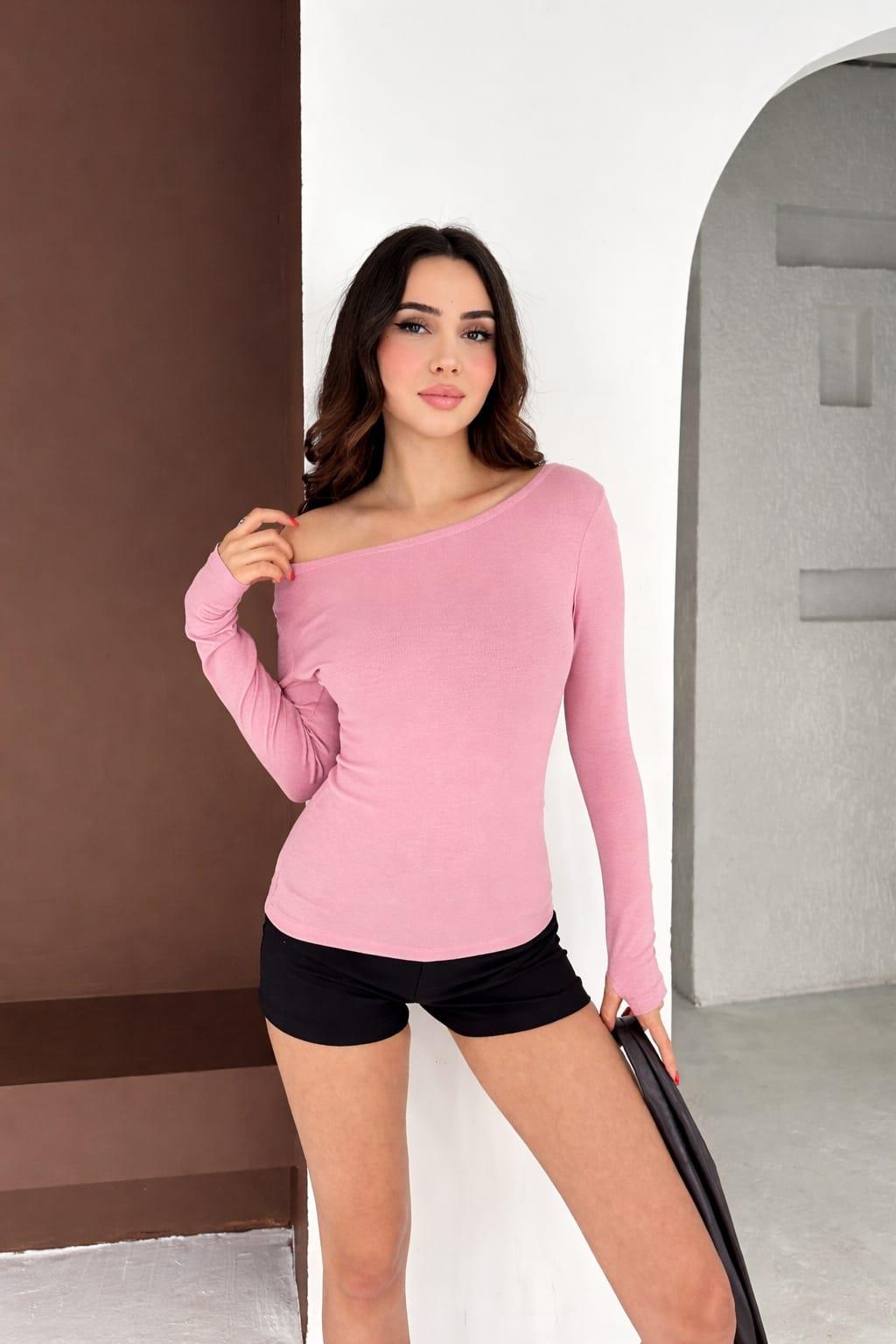 Kadın Kayık Yaka Parmak Geçmeli Uzun Kollu Full Likralı Pamuk Viskon Buzzy Body Tişort