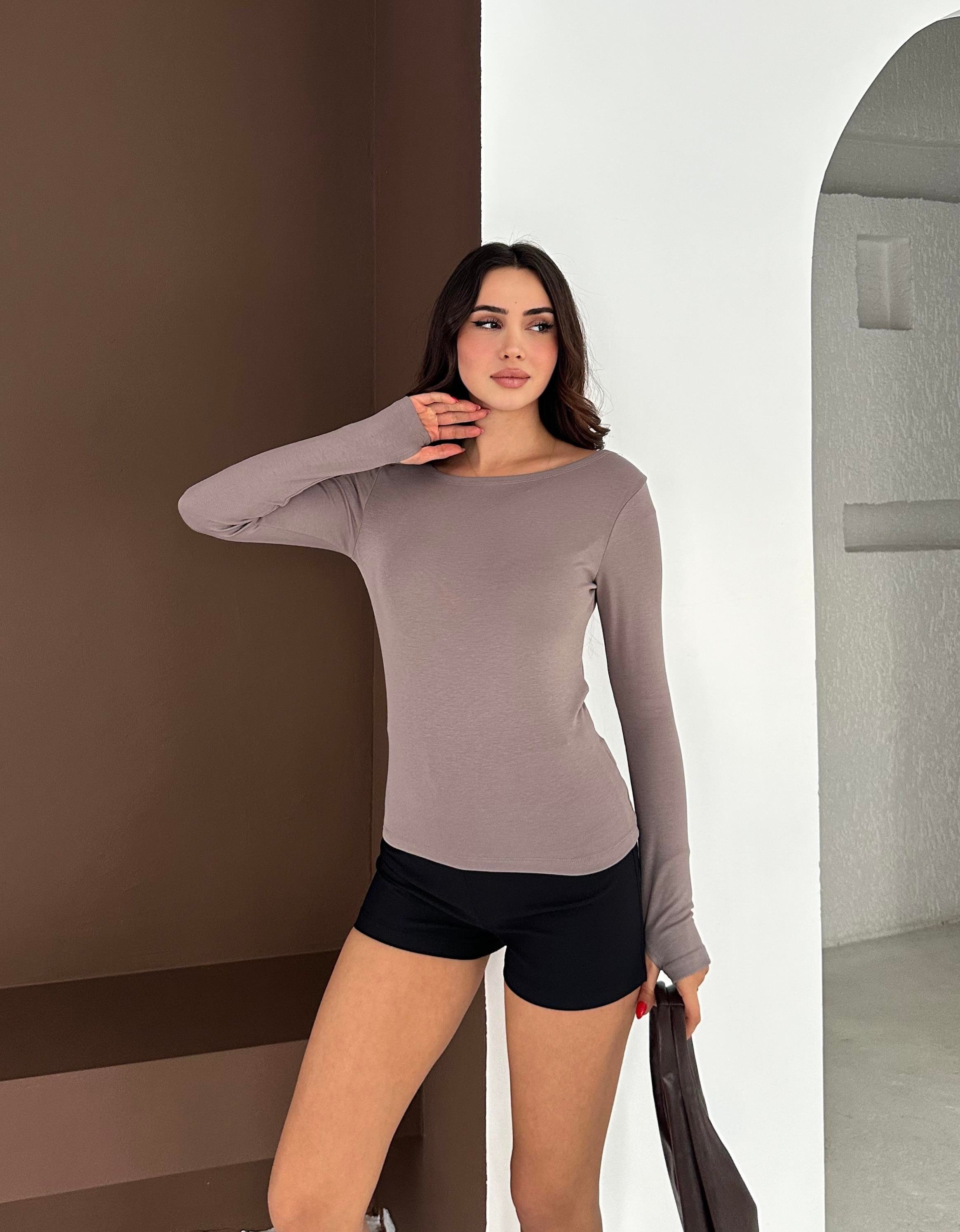 Kadın Kayık Yaka Parmak Geçmeli Uzun Kollu Full Likralı Pamuk Viskon Buzzy Body Tişort