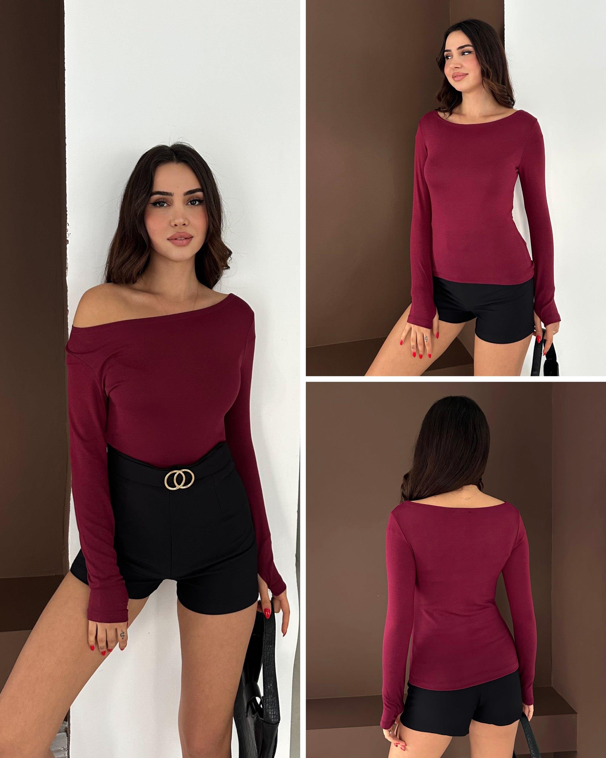 Kadın Kayık Yaka Parmak Geçmeli Uzun Kollu Full Likralı Pamuk Viskon Buzzy Body Tişort