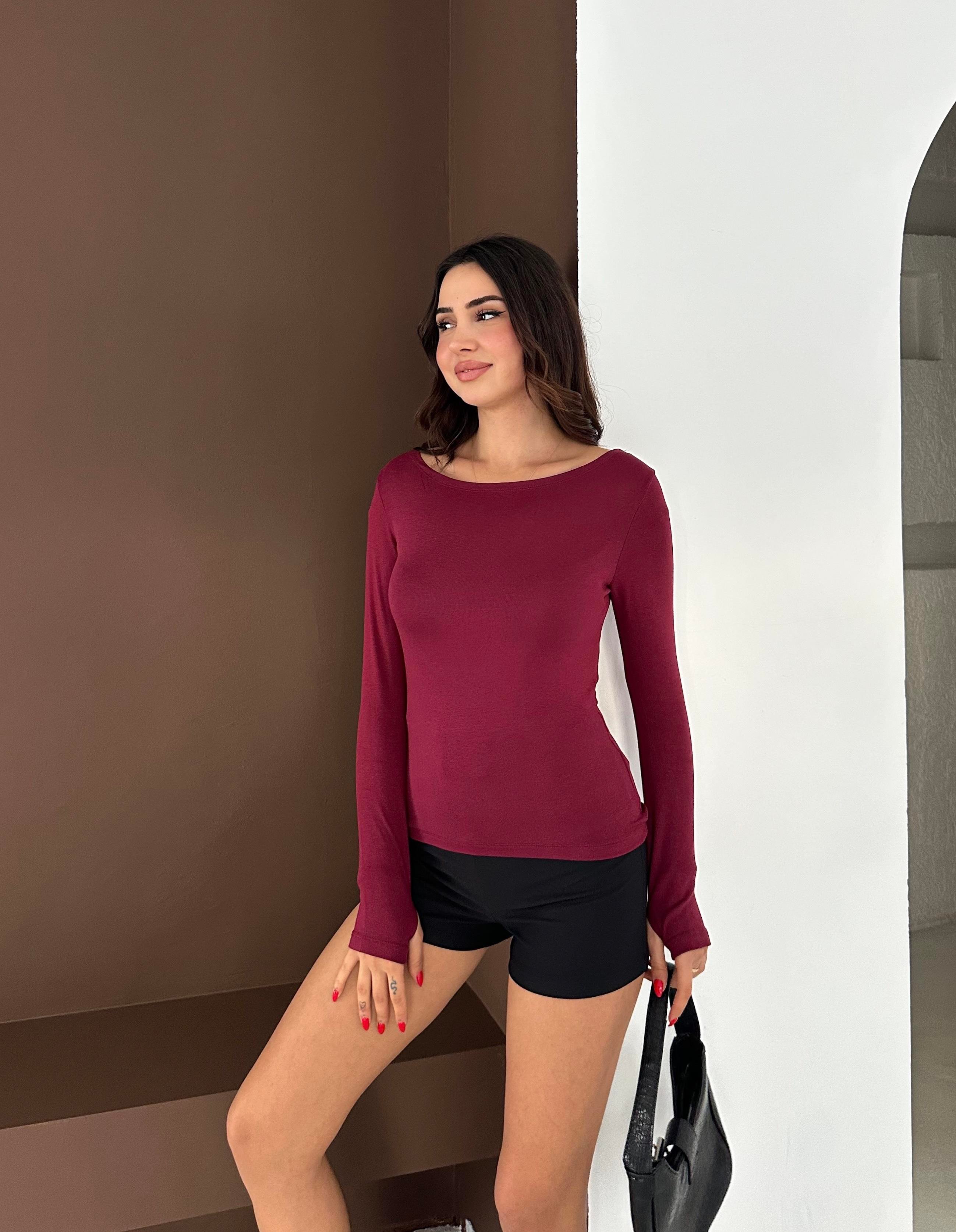 Kadın Kayık Yaka Parmak Geçmeli Uzun Kollu Full Likralı Pamuk Viskon Buzzy Body Tişort