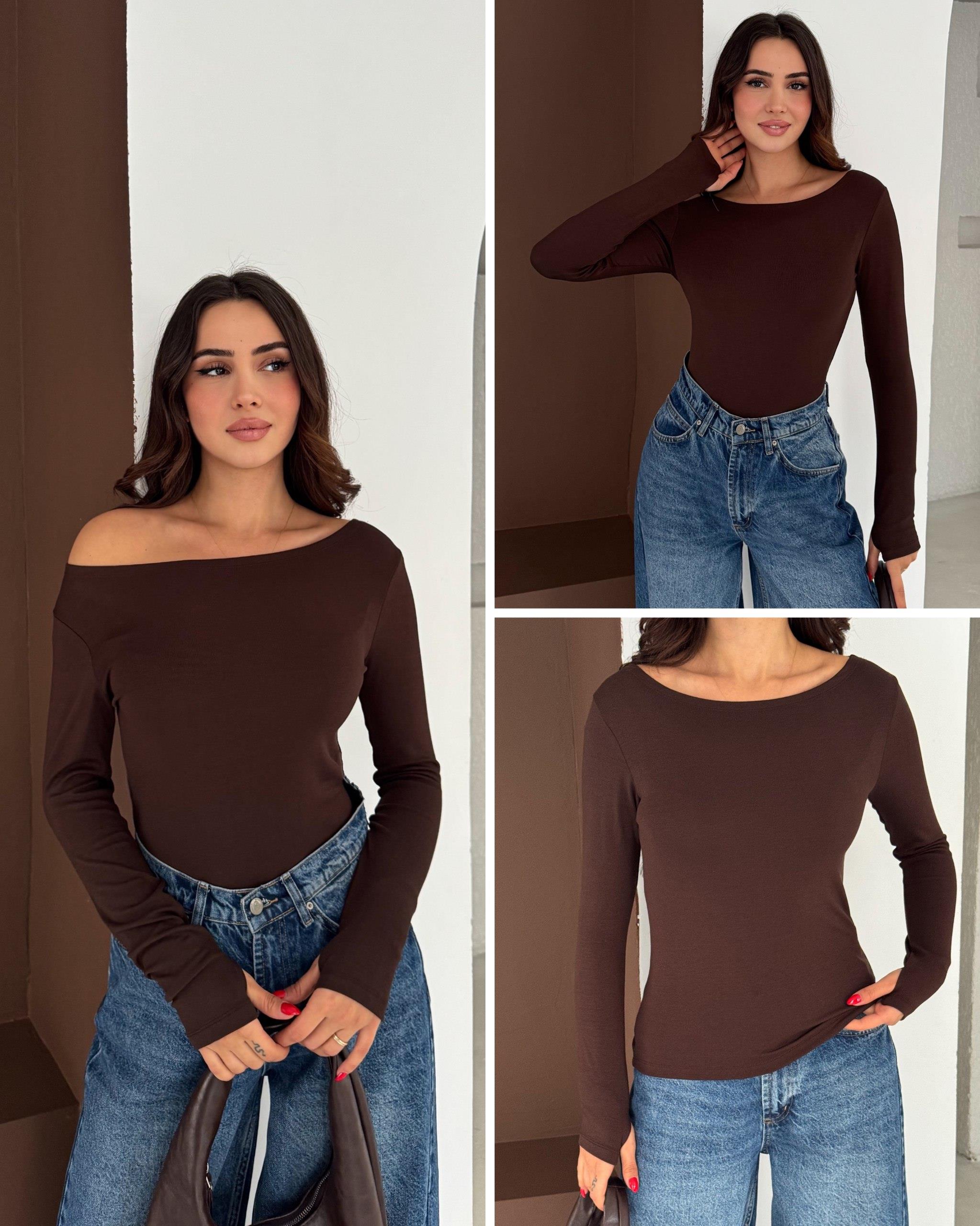 Kadın Kayık Yaka Parmak Geçmeli Uzun Kollu Full Likralı Pamuk Viskon Buzzy Body Tişort