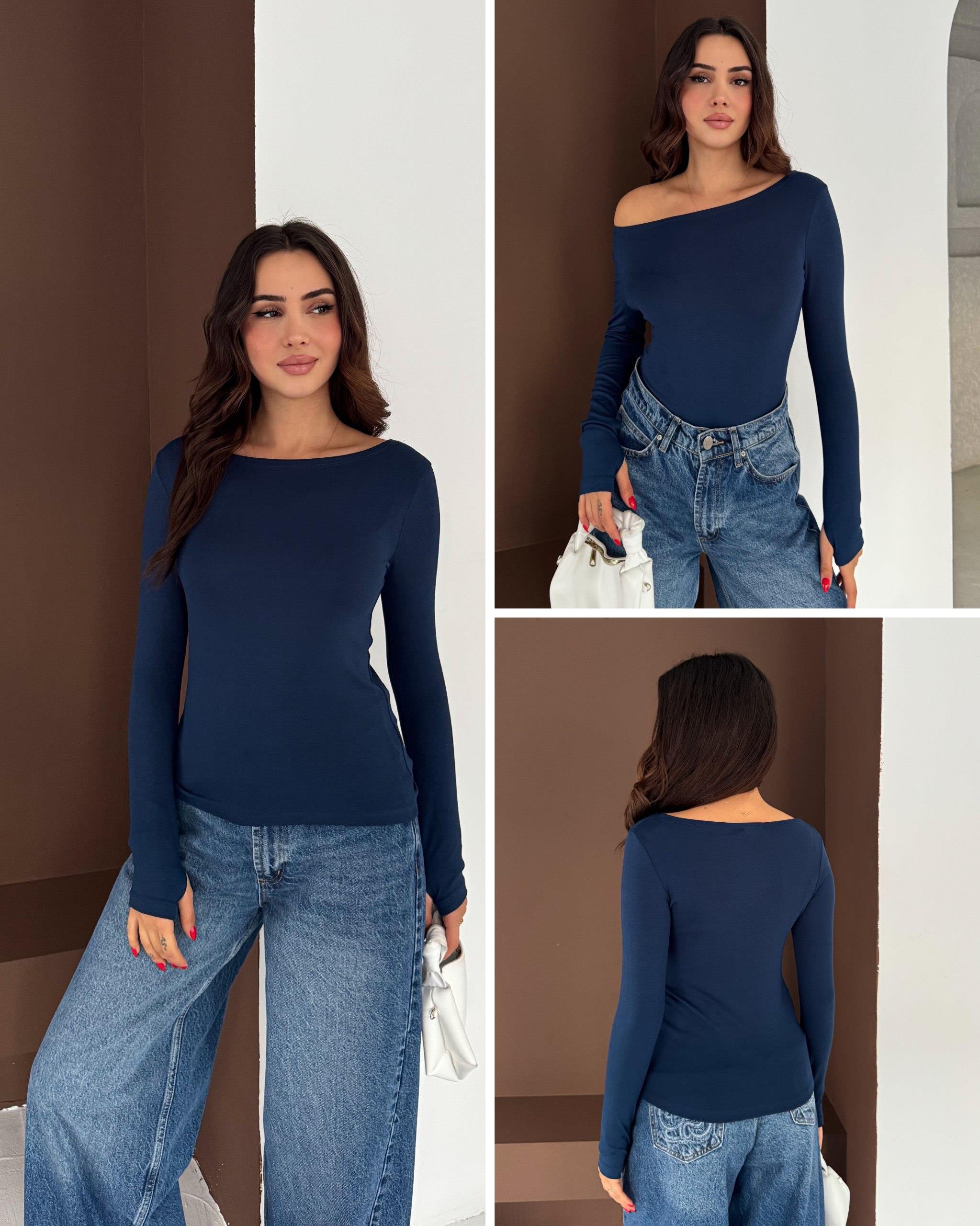 Kadın Kayık Yaka Parmak Geçmeli Uzun Kollu Full Likralı Pamuk Viskon Buzzy Body Tişort