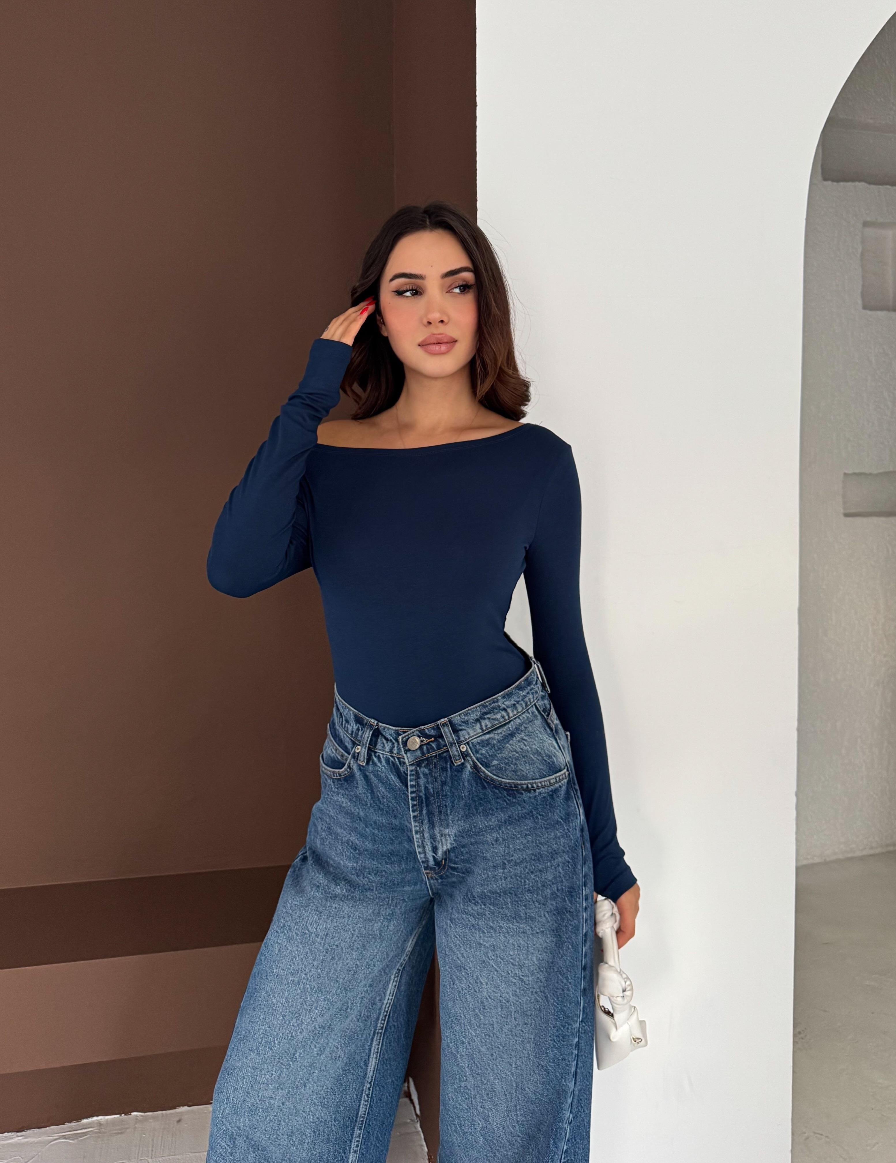Kadın Kayık Yaka Parmak Geçmeli Uzun Kollu Full Likralı Pamuk Viskon Buzzy Body Tişort