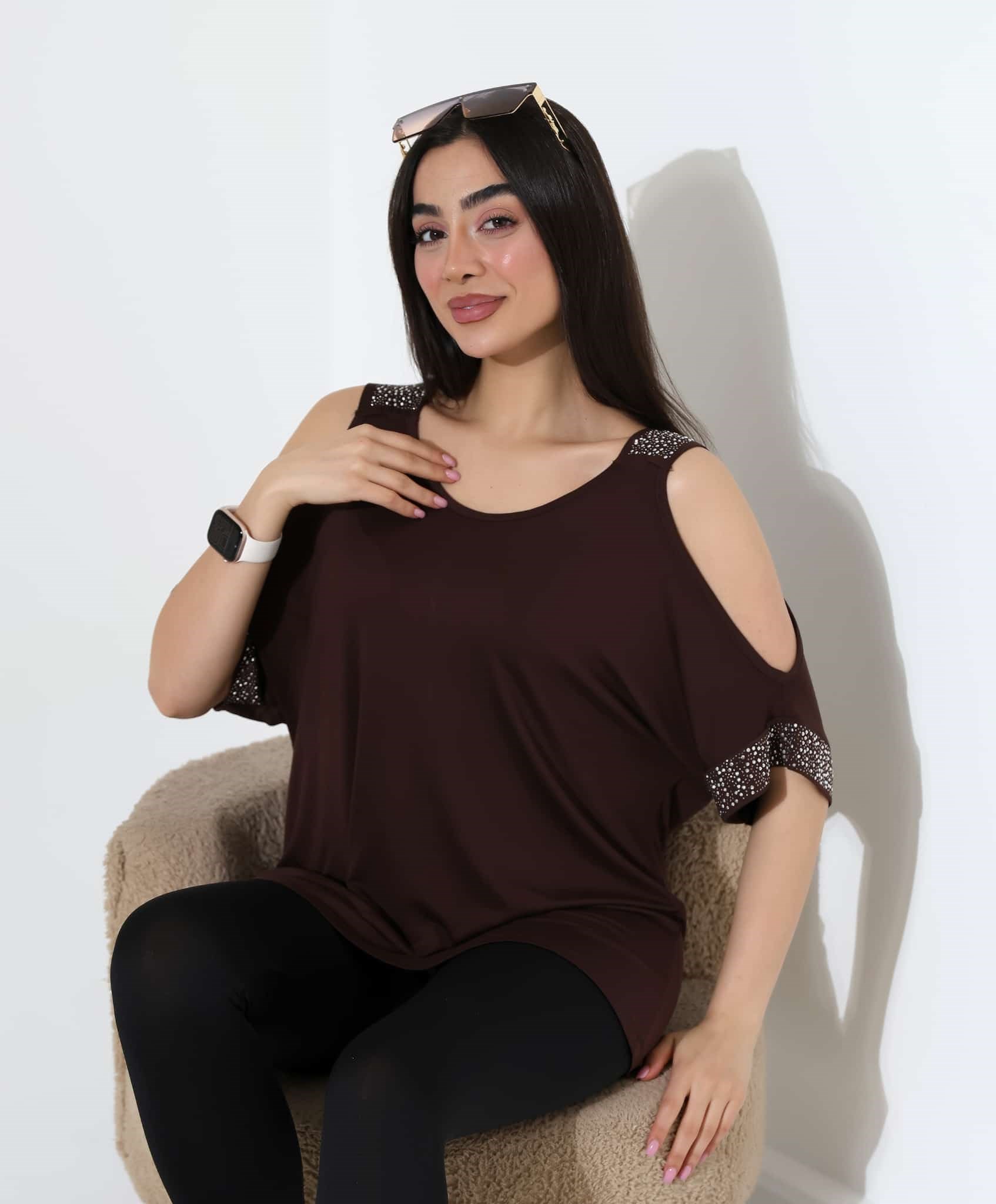 Kadın Omuz Dekolteli Taş Detaylı Oversize Viskon Bluz