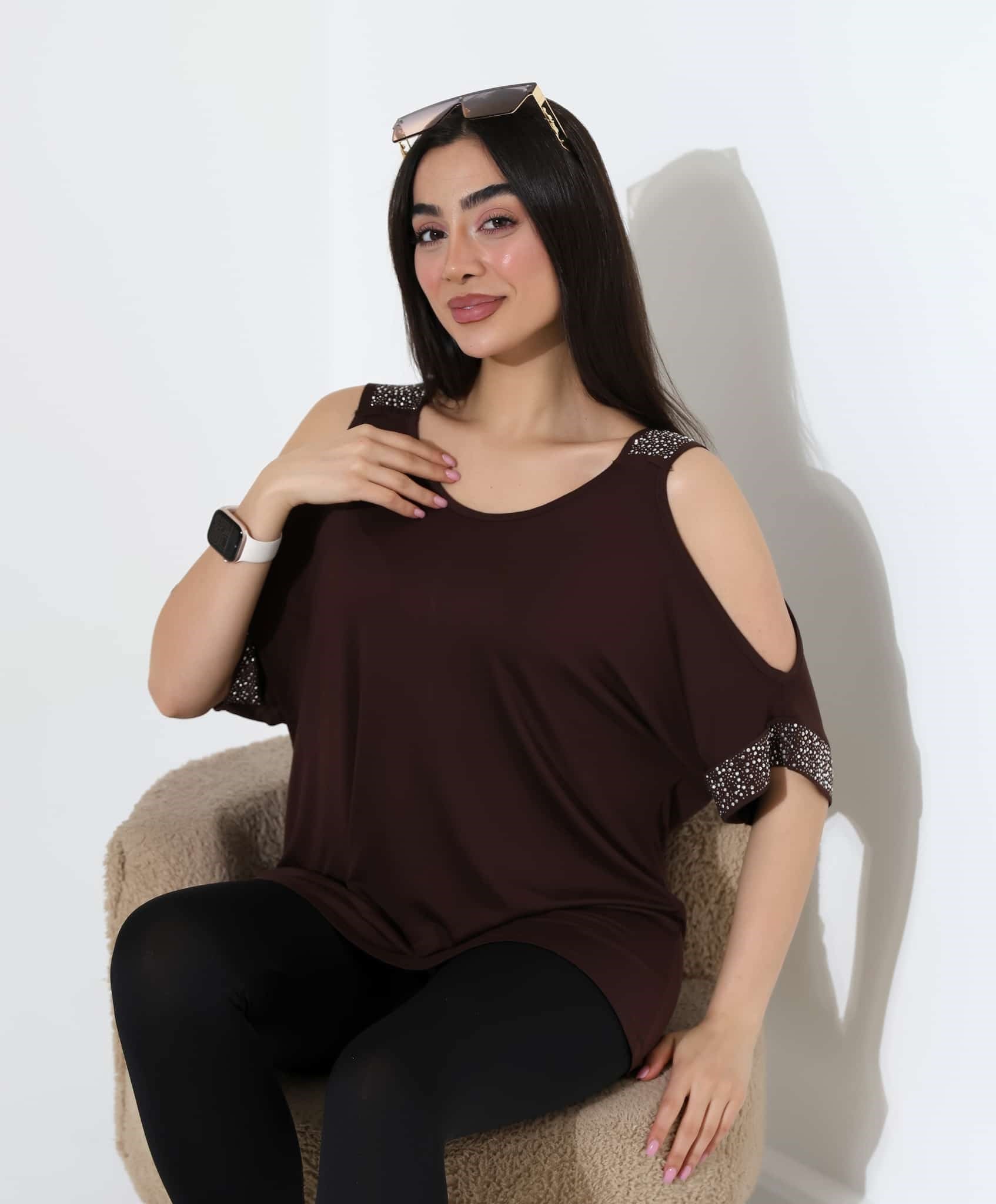 Kadın Omuz Dekolteli Taş Detaylı Oversize Viskon Bluz