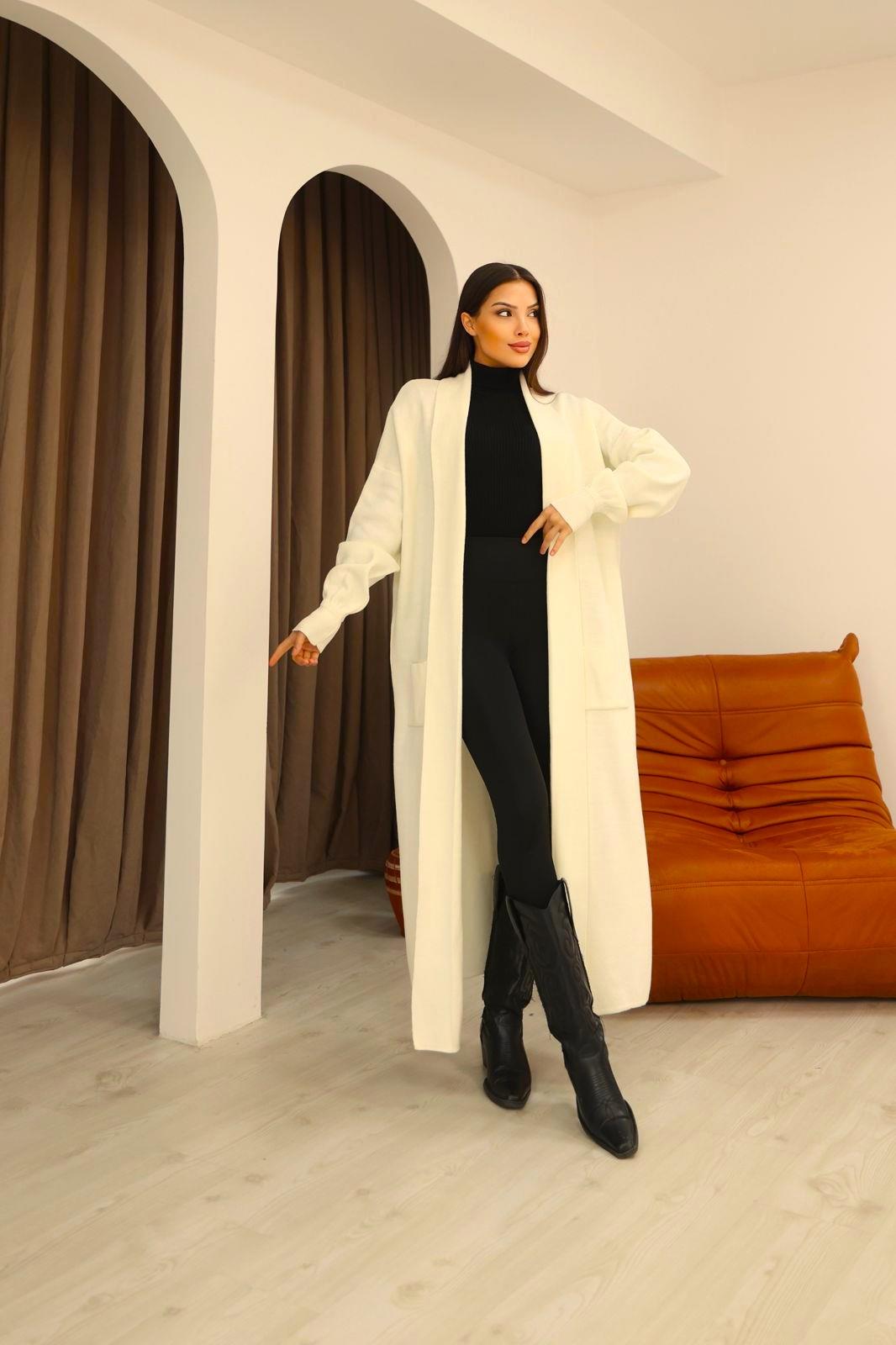 Kadın Şal Yaka Cep Detaylı Uzun Triko Hırka
