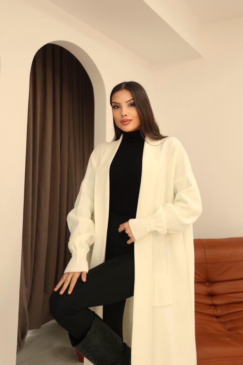 Kadın Şal Yaka Cep Detaylı Uzun Triko Hırka