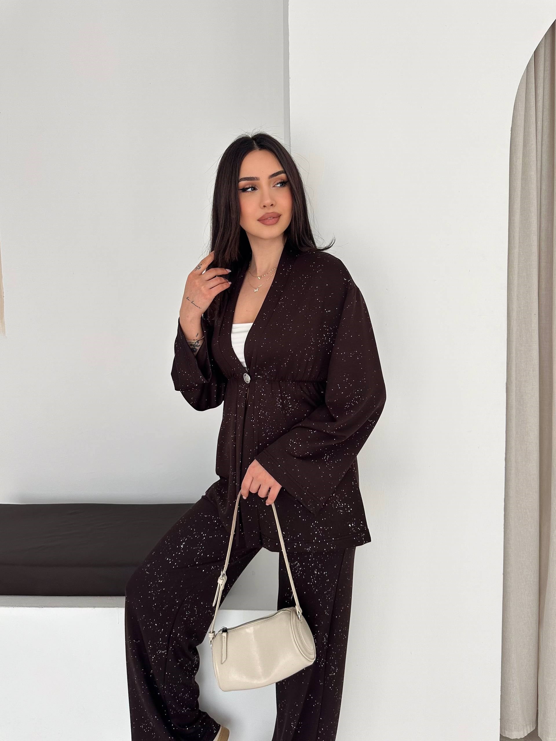 Kadın Simli Uzun Kol Modal Kumaş Kimono Pantolon İkili Takım – Şık ve Rahat Kadın Takım