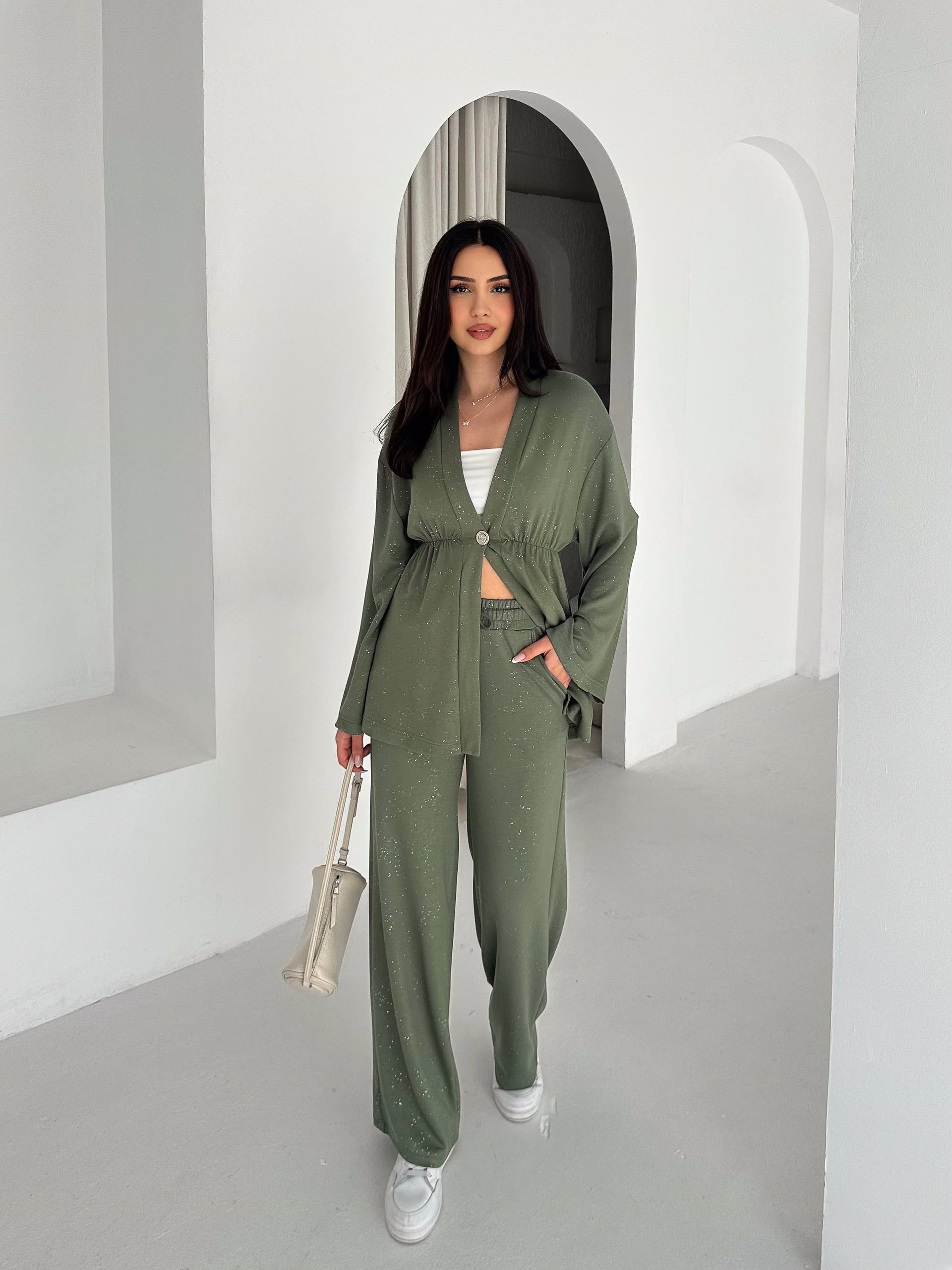 Kadın Simli Uzun Kol Modal Kumaş Kimono Pantolon İkili Takım – Şık ve Rahat Kadın Takım
