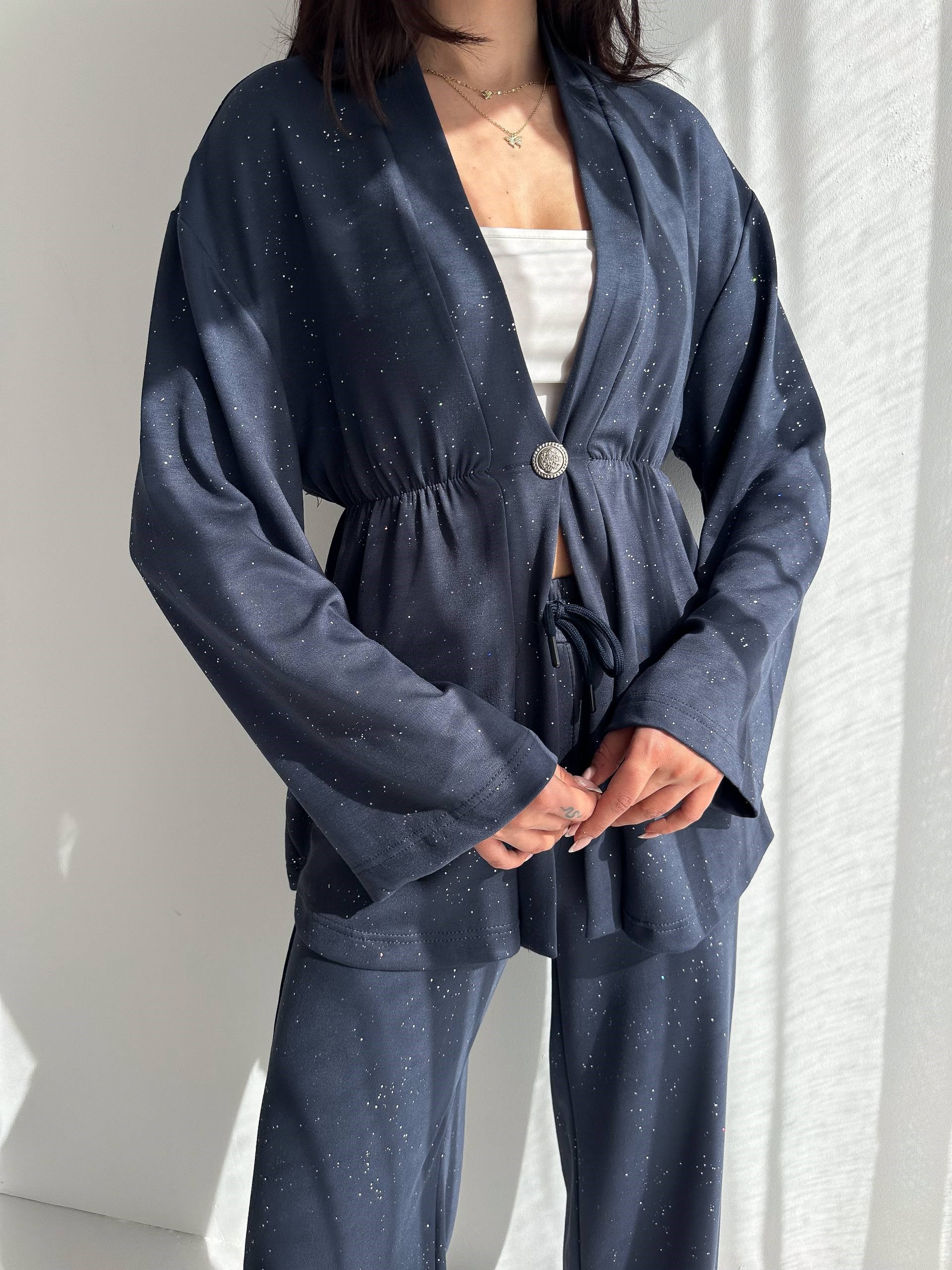 Kadın Simli Uzun Kol Modal Kumaş Kimono Pantolon İkili Takım – Şık ve Rahat Kadın Takım