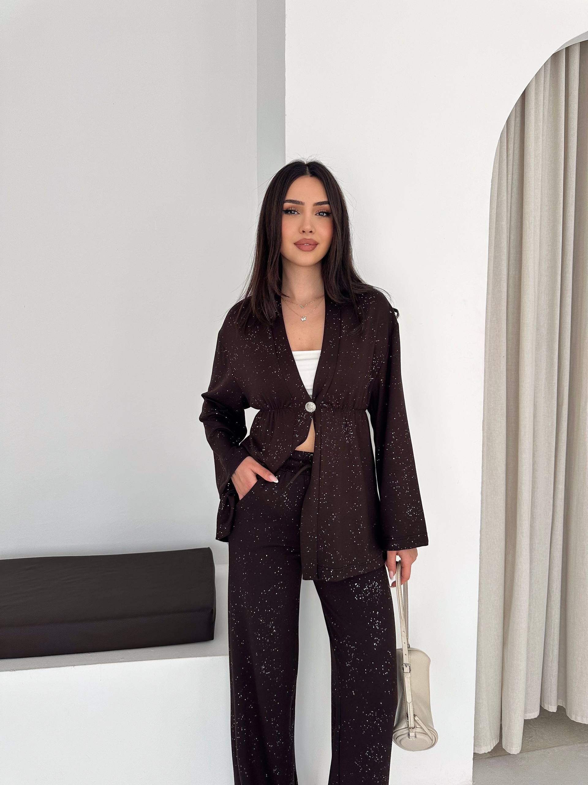 Kadın Simli Uzun Kol Modal Kumaş Kimono Pantolon İkili Takım – Şık ve Rahat Kadın Takım