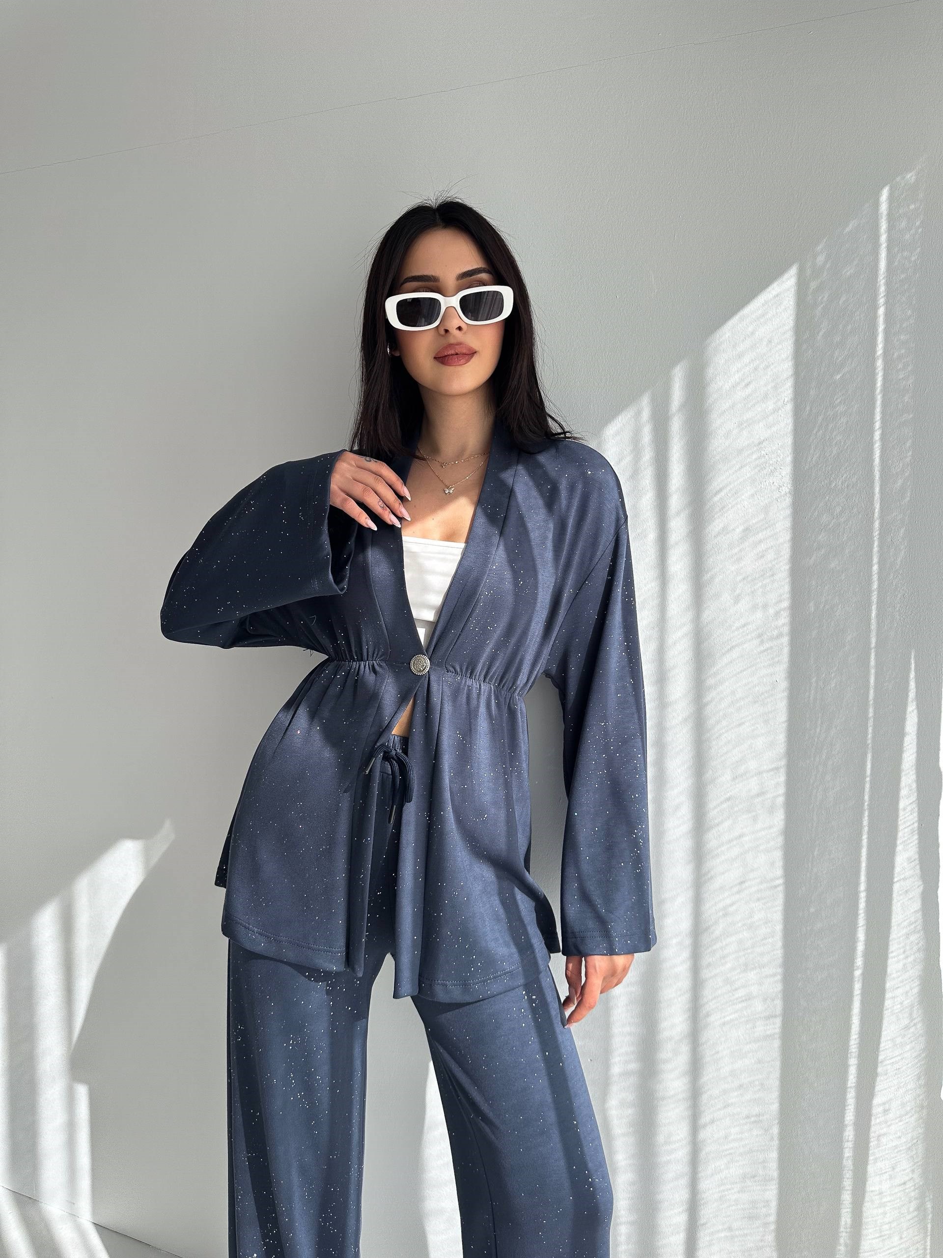 Kadın Simli Uzun Kol Modal Kumaş Kimono Pantolon İkili Takım – Şık ve Rahat Kadın Takım