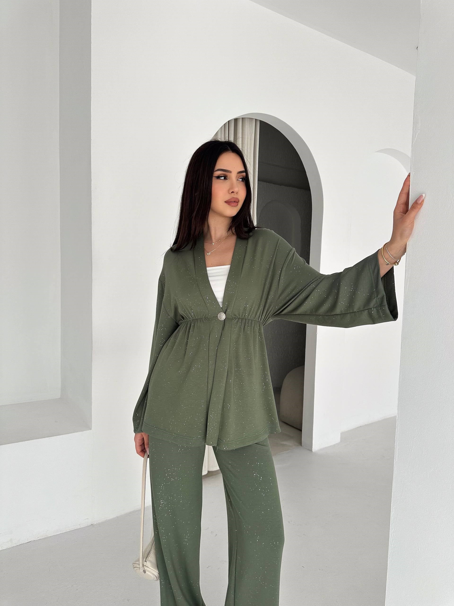 Kadın Simli Uzun Kol Modal Kumaş Kimono Pantolon İkili Takım – Şık ve Rahat Kadın Takım