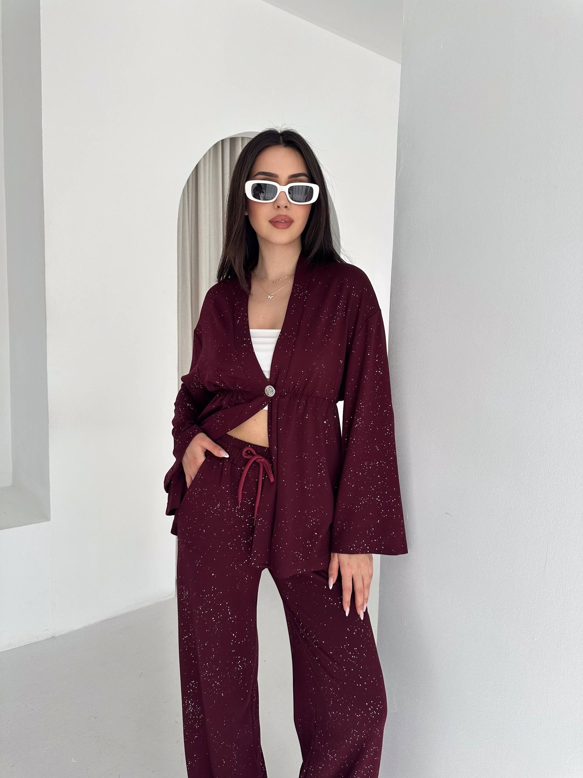 Kadın Simli Uzun Kol Modal Kumaş Kimono Pantolon İkili Takım – Şık ve Rahat Kadın Takım