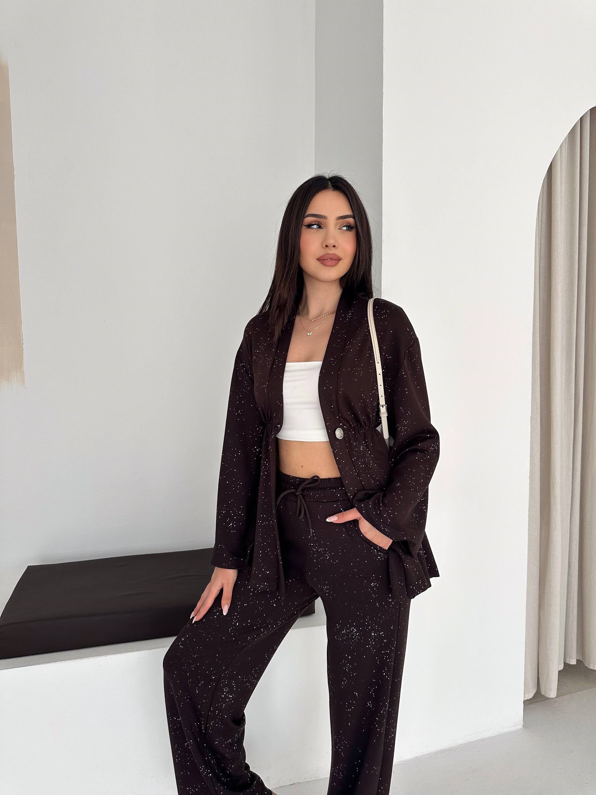 Kadın Simli Uzun Kol Modal Kumaş Kimono Pantolon İkili Takım – Şık ve Rahat Kadın Takım