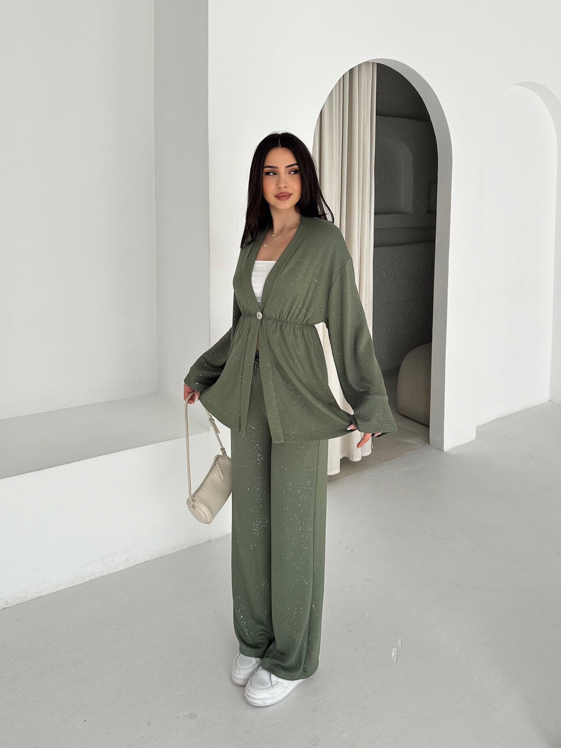 Kadın Simli Uzun Kol Modal Kumaş Kimono Pantolon İkili Takım – Şık ve Rahat Kadın Takım