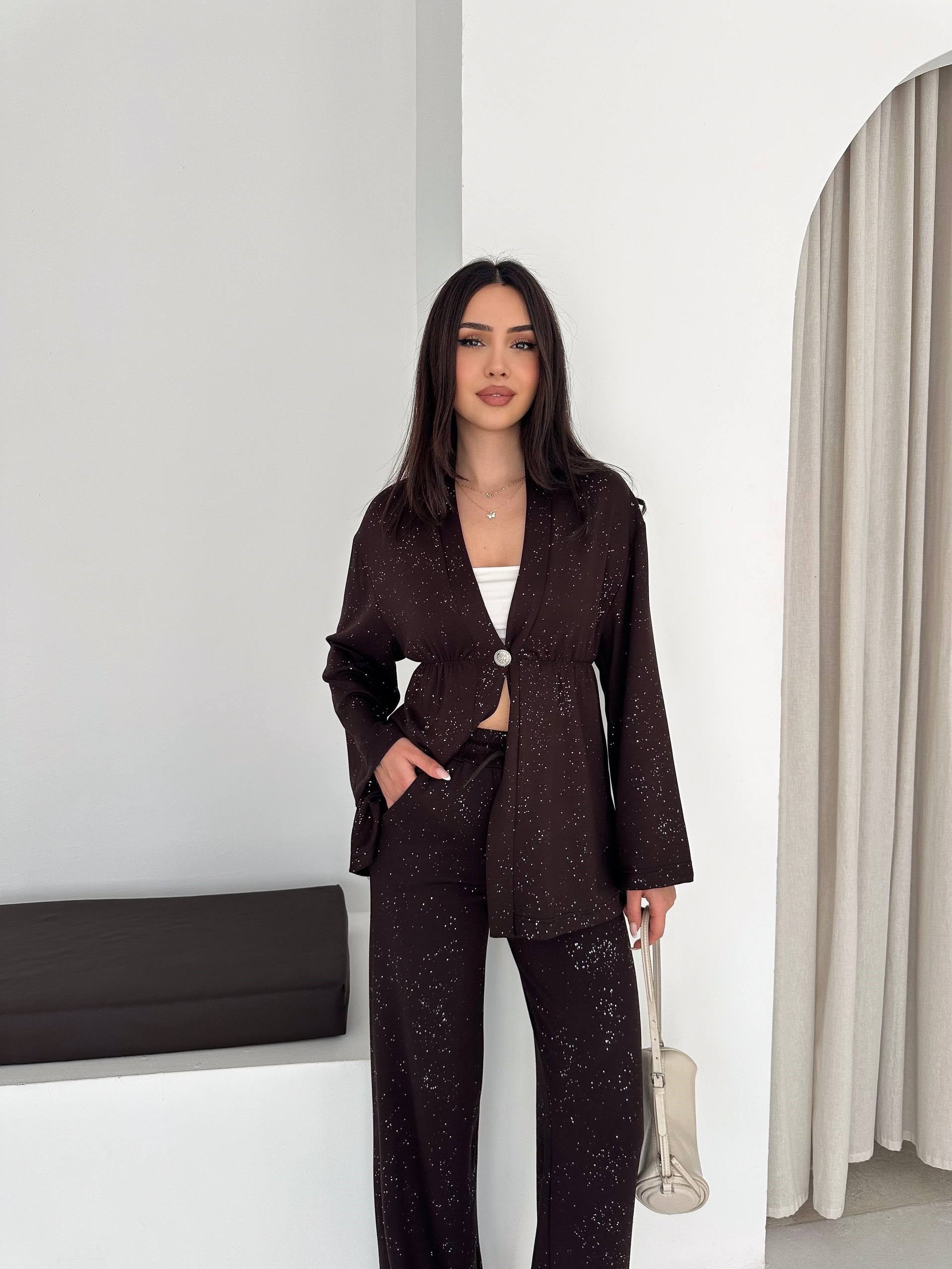 Kadın Simli Uzun Kol Modal Kumaş Kimono Pantolon İkili Takım – Şık ve Rahat Kadın Takım