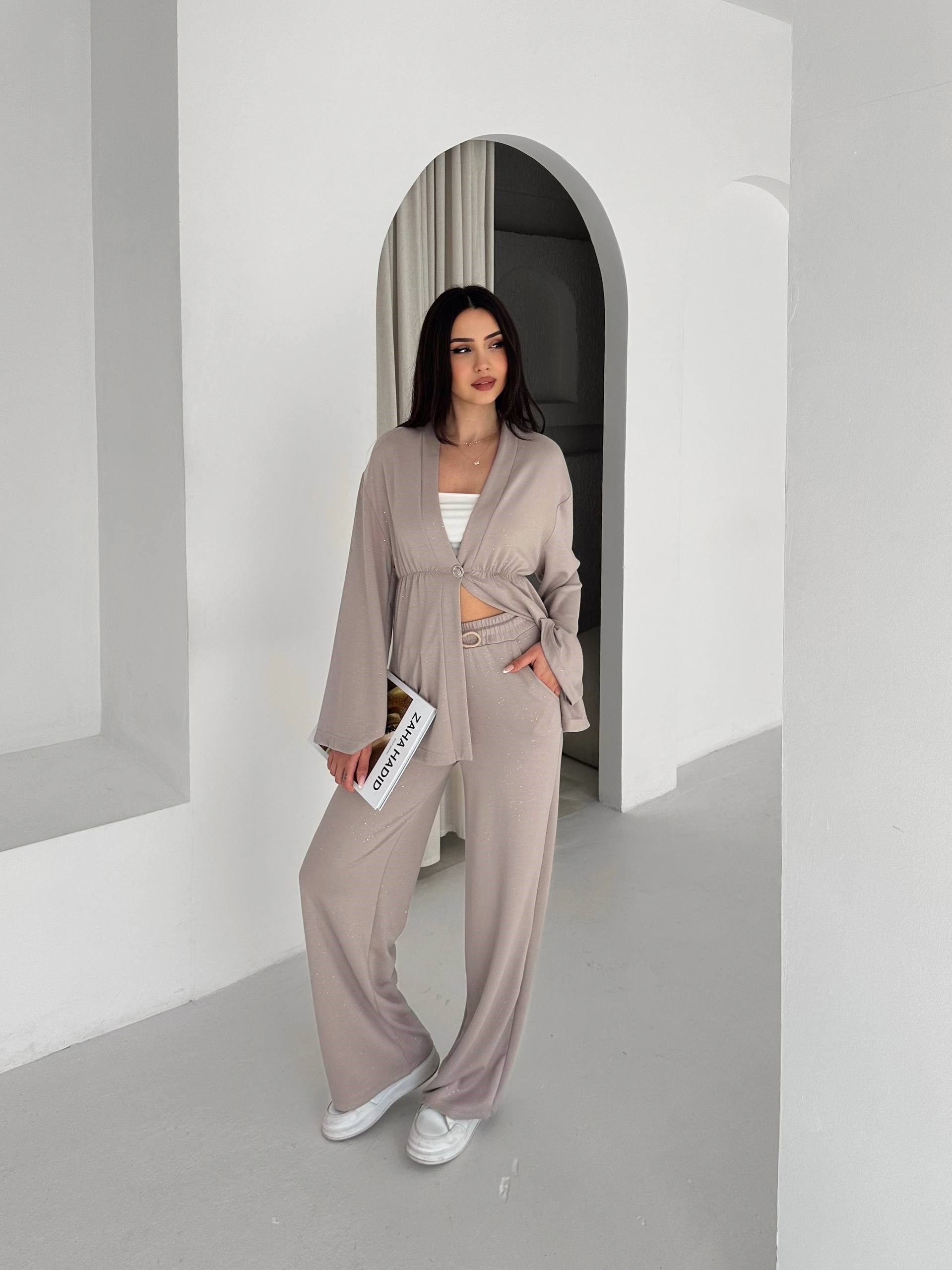 Kadın Simli Uzun Kol Modal Kumaş Kimono Pantolon İkili Takım – Şık ve Rahat Kadın Takım