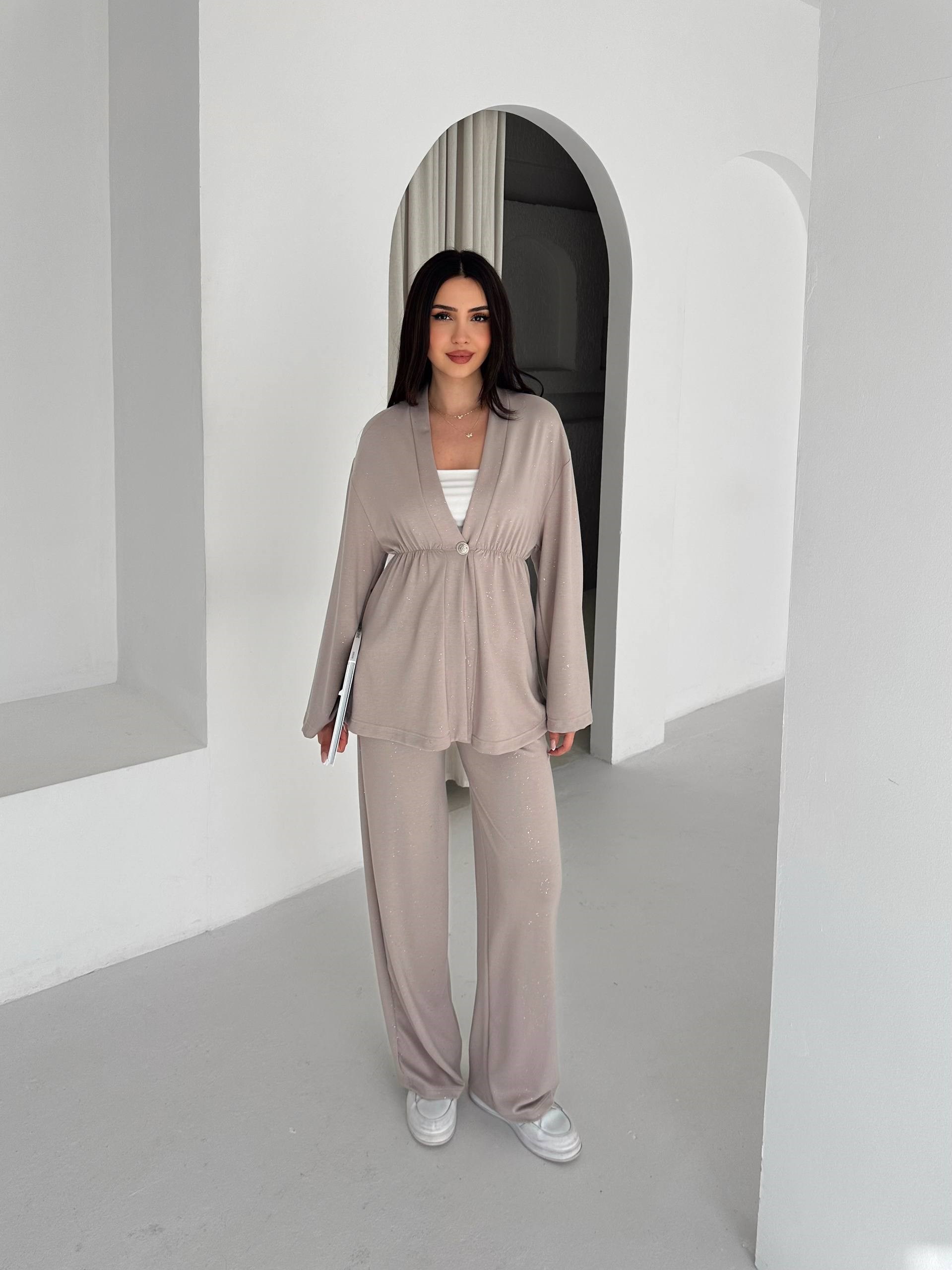 Kadın Simli Uzun Kol Modal Kumaş Kimono Pantolon İkili Takım – Şık ve Rahat Kadın Takım