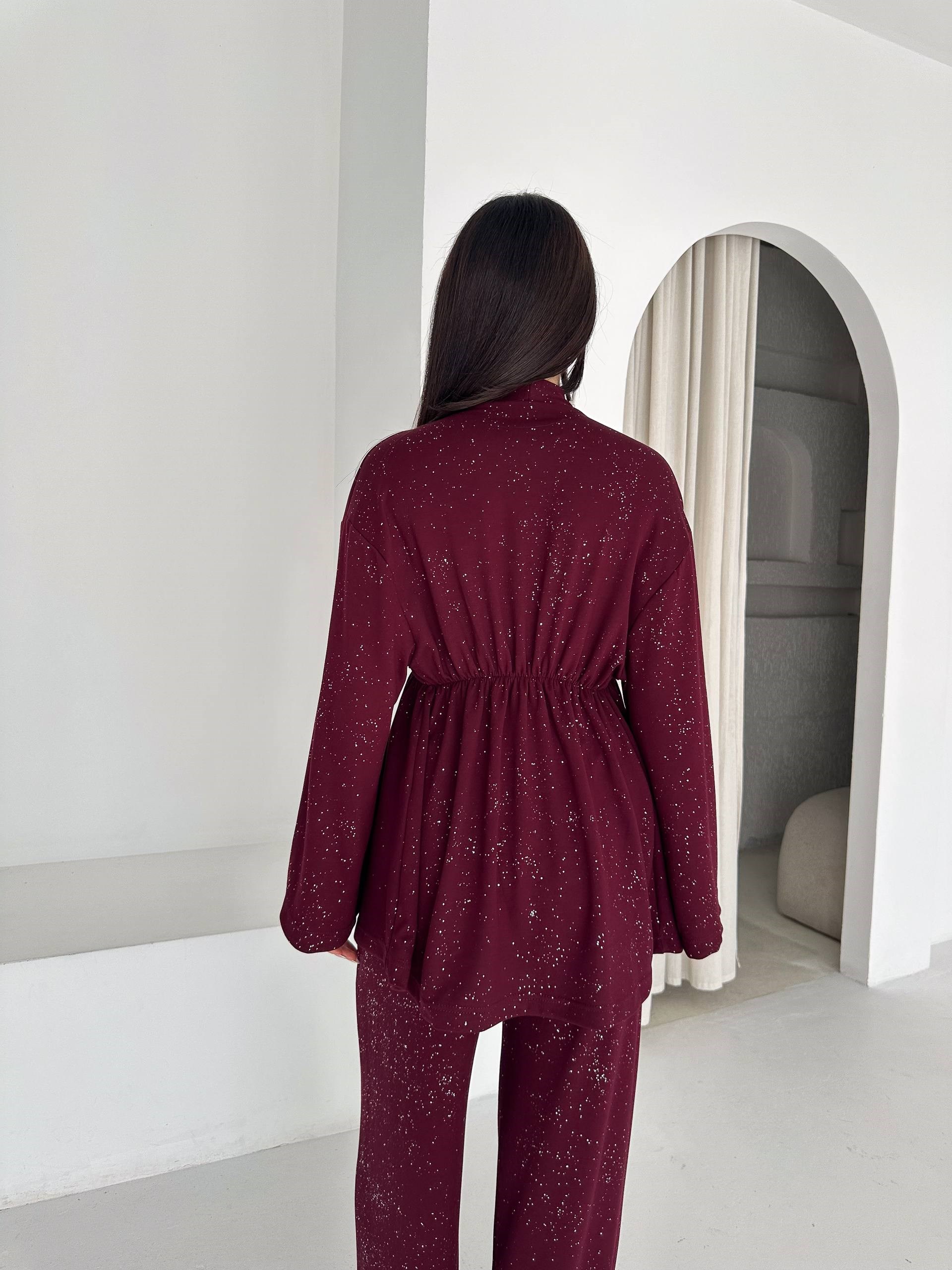 Kadın Simli Uzun Kol Modal Kumaş Kimono Pantolon İkili Takım – Şık ve Rahat Kadın Takım