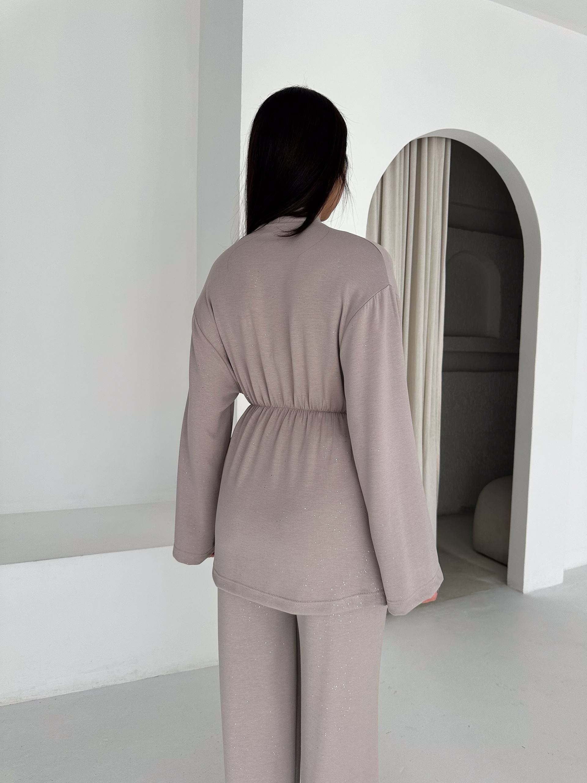 Kadın Simli Uzun Kol Modal Kumaş Kimono Pantolon İkili Takım – Şık ve Rahat Kadın Takım