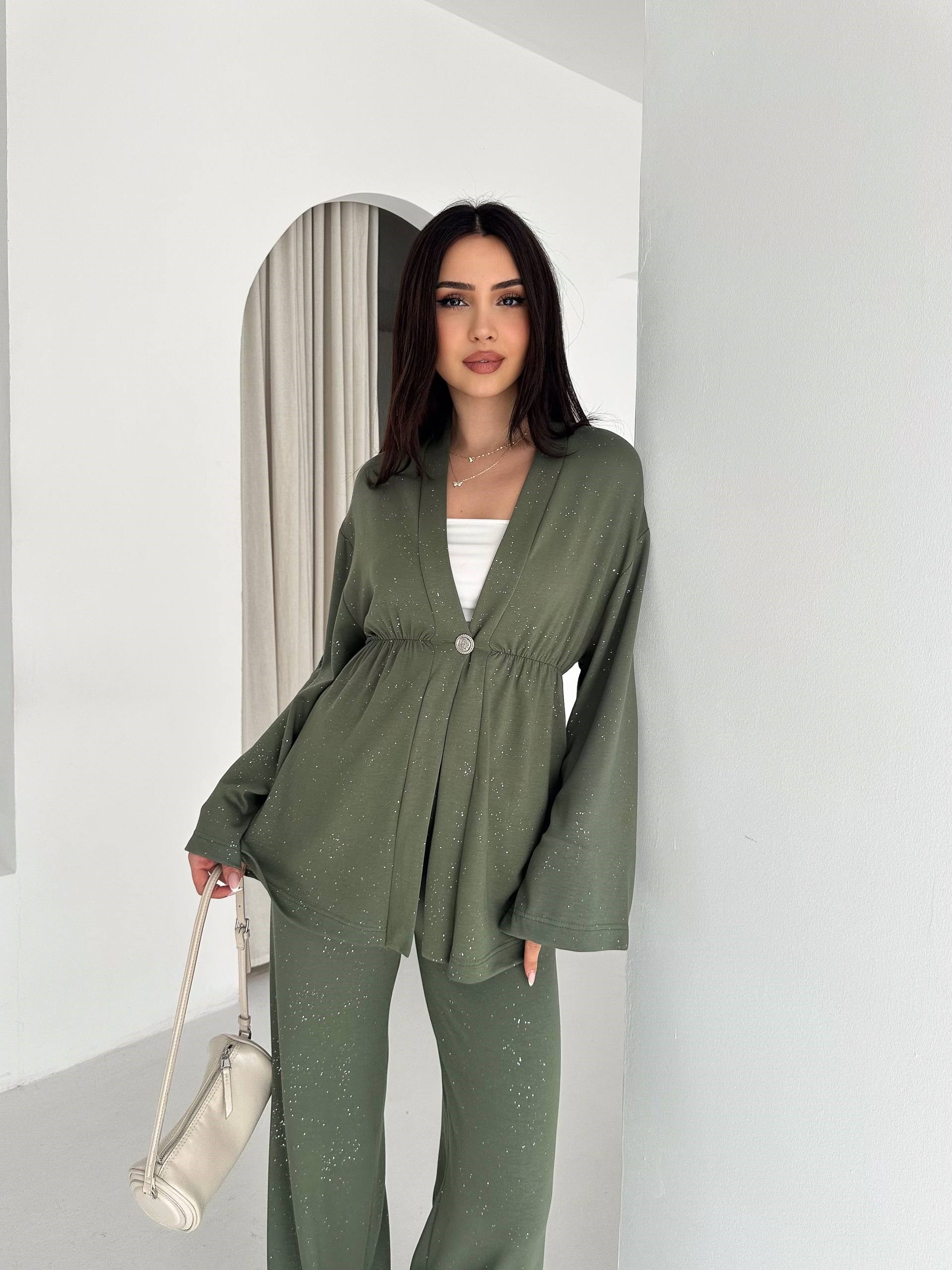 Kadın Simli Uzun Kol Modal Kumaş Kimono Pantolon İkili Takım – Şık ve Rahat Kadın Takım