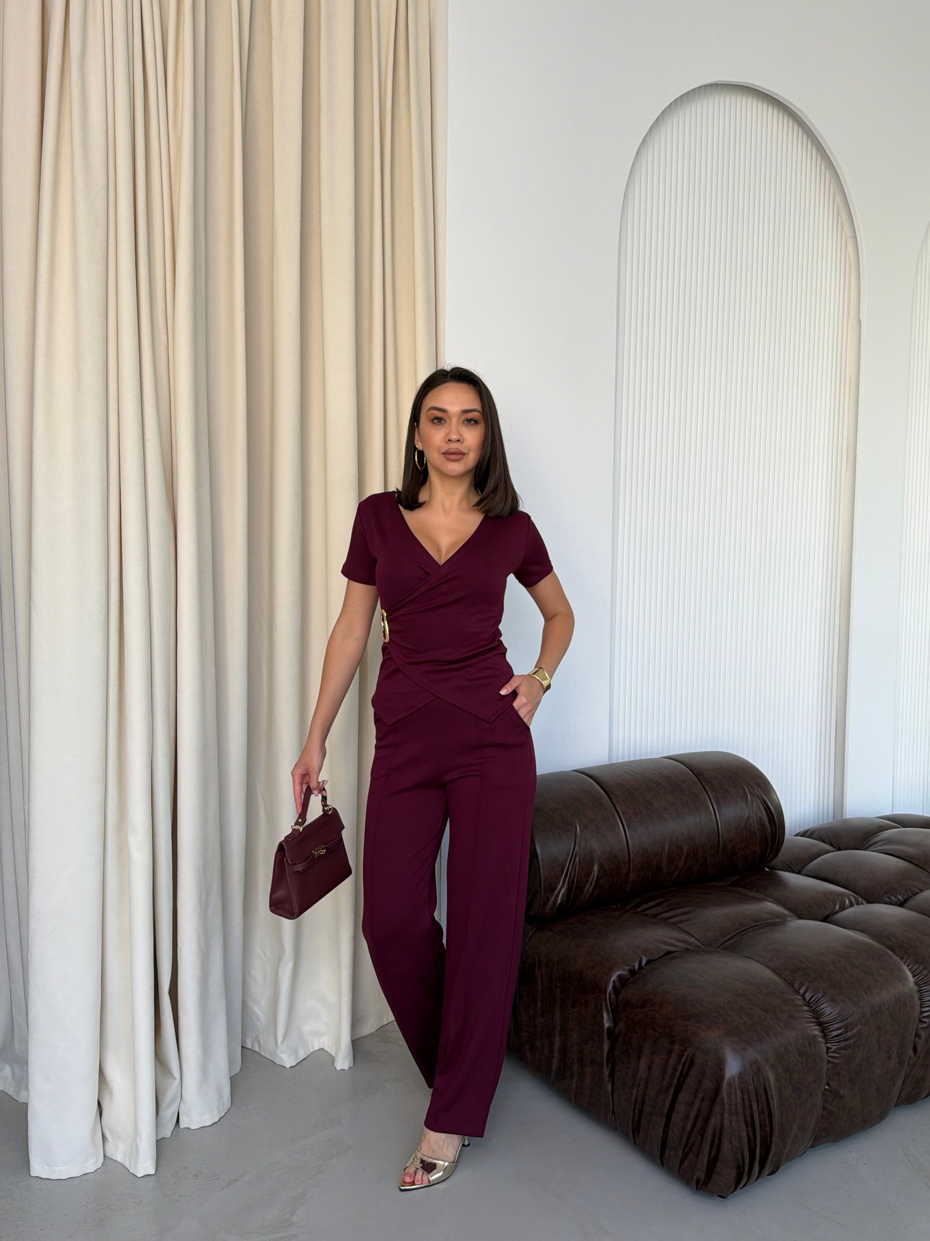 Kadın Tokalı Kruvaze Üst ve Çımalı Modal Pantolon Takım
