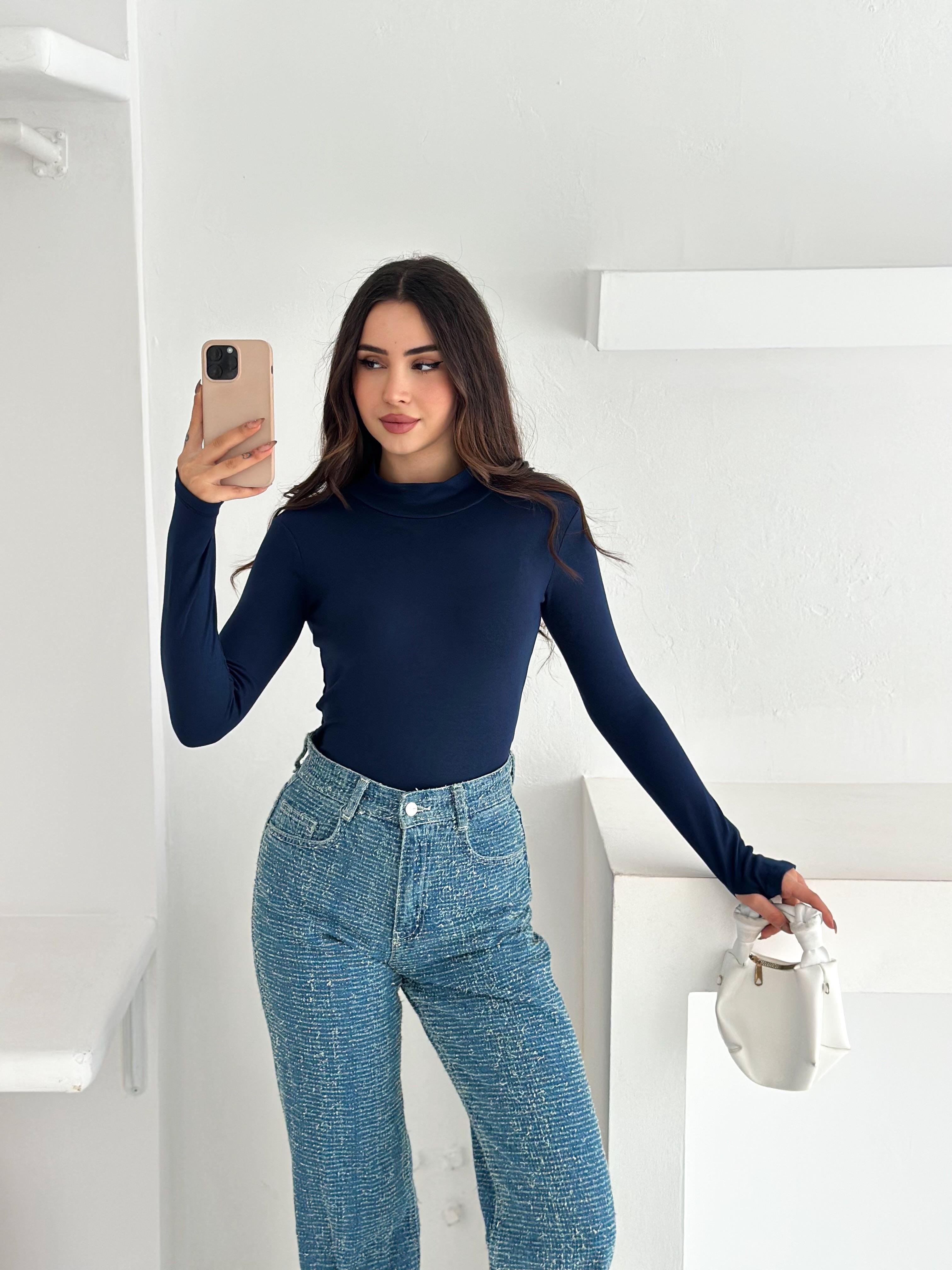 Kadın Yarım Balıkçı Yaka Parmak Geçmeli Full Likralı Buzz Body