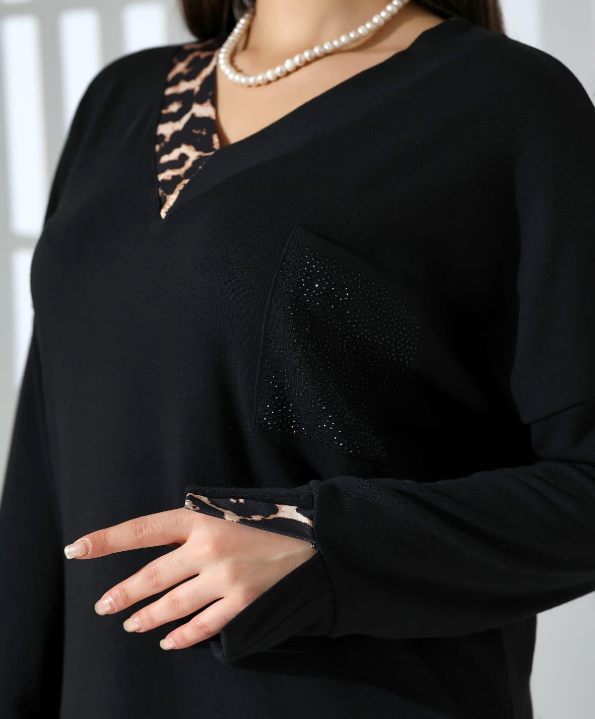Leopar Detaylı Cebi Taşlı Bluz