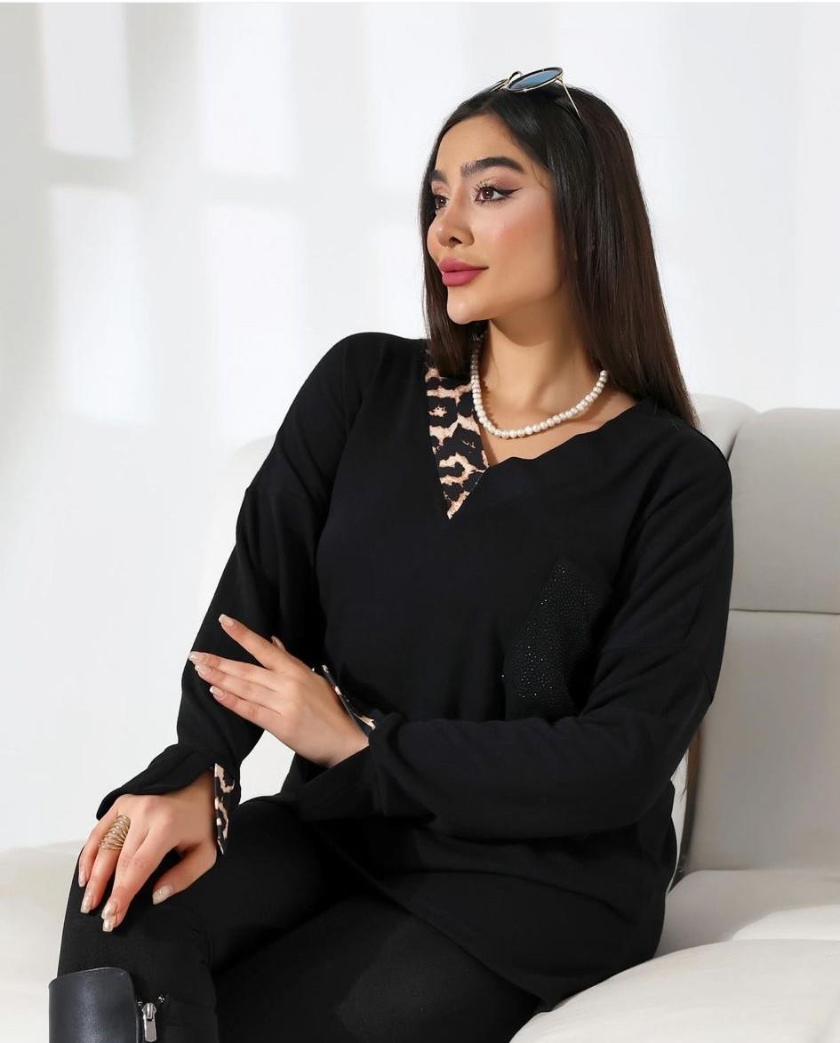 Leopar Detaylı Cebi Taşlı Bluz