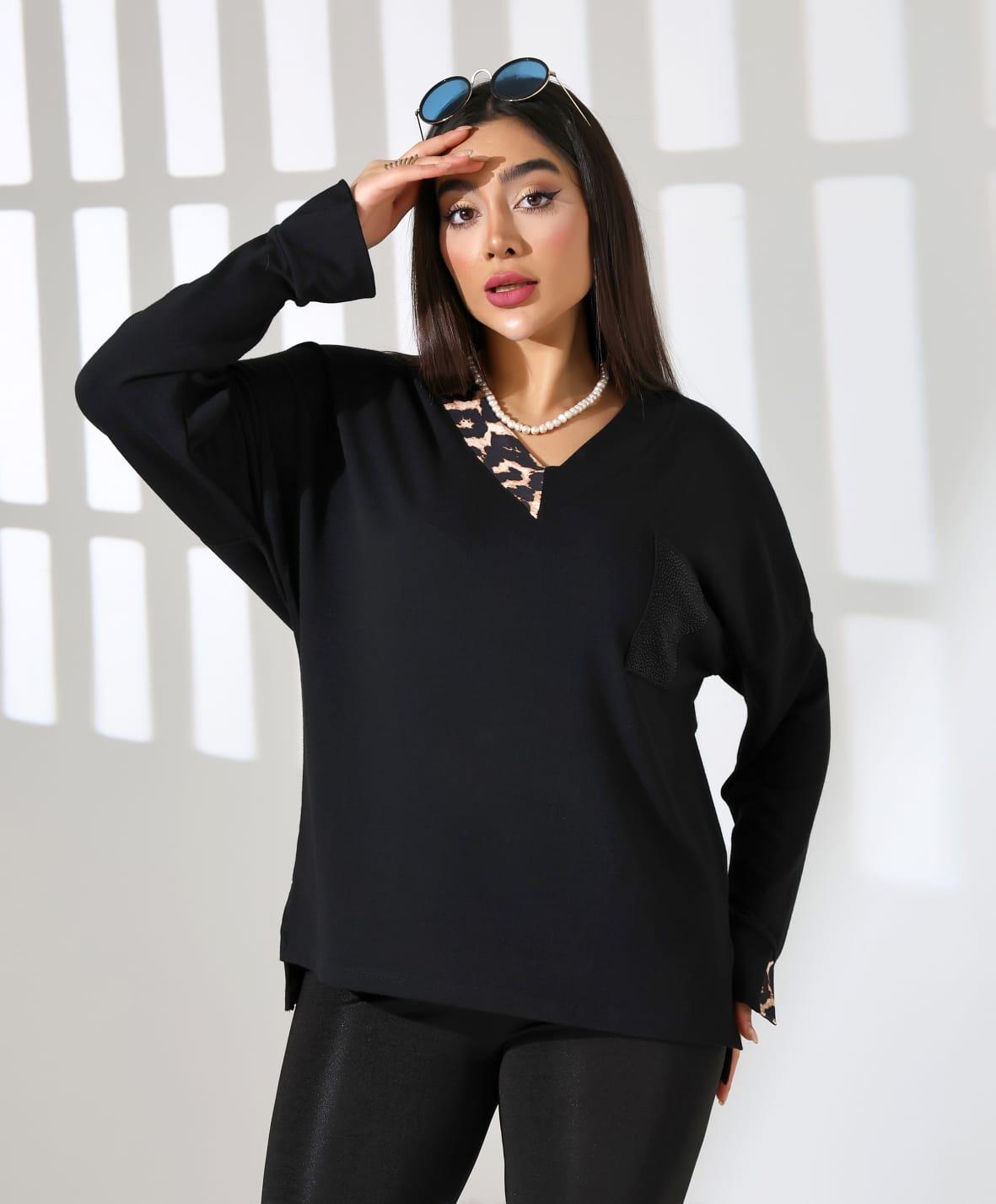 Leopar Detaylı Cebi Taşlı Bluz