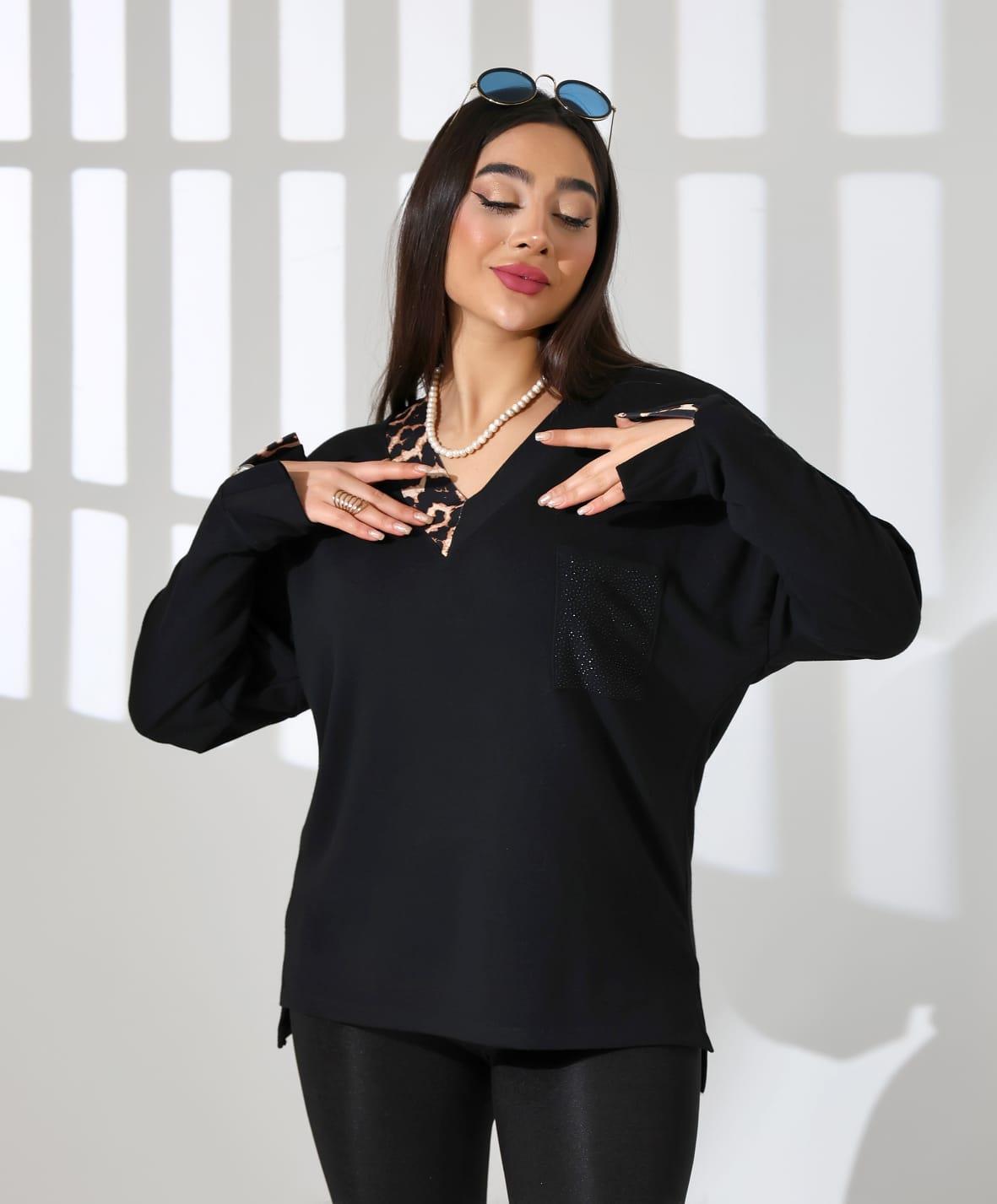Leopar Detaylı Cebi Taşlı Bluz
