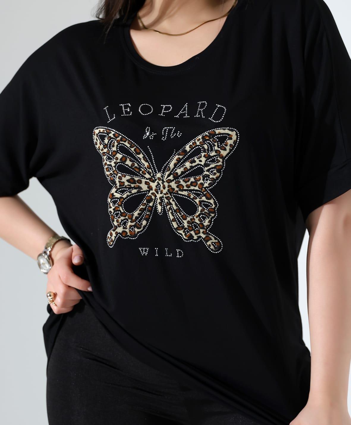 Leopar Kelebek Desenli Bluz