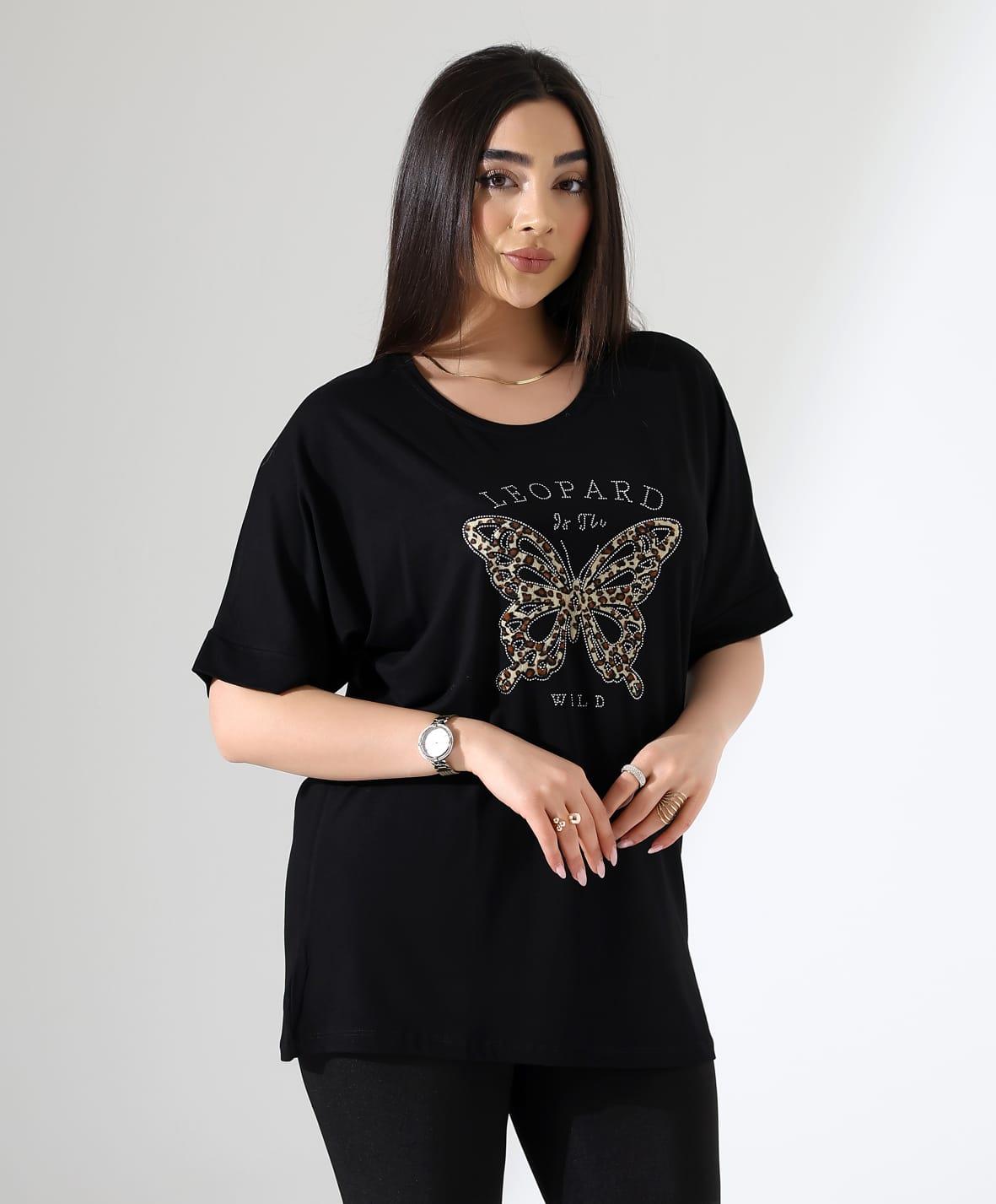 Leopar Kelebek Desenli Bluz