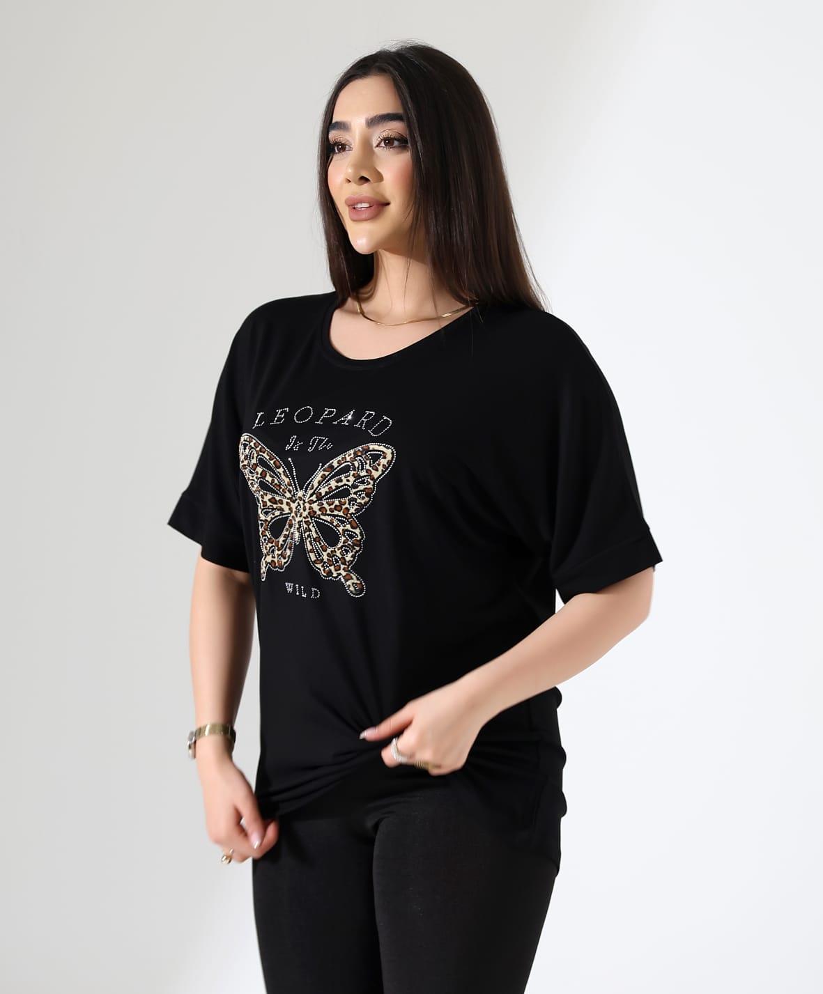Leopar Kelebek Desenli Bluz